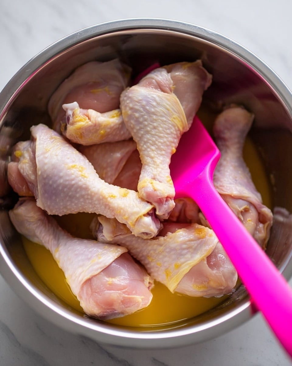 A close-up image shows several raw chicken drumsticks piled in a silver mixing bowl. Below the drumsticks, there is a yellow marinade coating the bottom of the bowl, partially visible around the edges of the meat. A bright pink spatula is pressed against the chicken, with its handle extending out of the bowl, mixing the ingredients. The bowl rests on a white marbled surface, creating a clean background. The chicken drumsticks have a light pinkish color with some yellow tones from the marinade. photo taken with an iphone --ar 4:5 --v 7