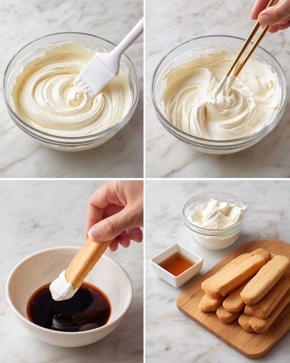 The image shows four steps of making a dessert. In the first step, a clear glass bowl on a white marbled surface holds smooth, light cream with soft swirls. The second step shows the same bowl with a white spatula mixing the cream while a woman's hand holds a small square white dish with brown liquid above the bowl. The third step presents a woman's hand using chopsticks to pick up a dollop of cream from the bowl. The fourth step shows a woman's hand dipping a long, light brown biscuit into a white bowl filled with dark liquid; next to the bowl is a wooden board with more biscuits and a small glass container with white cream. Photo taken with an iphone --ar 4:5 --v 7