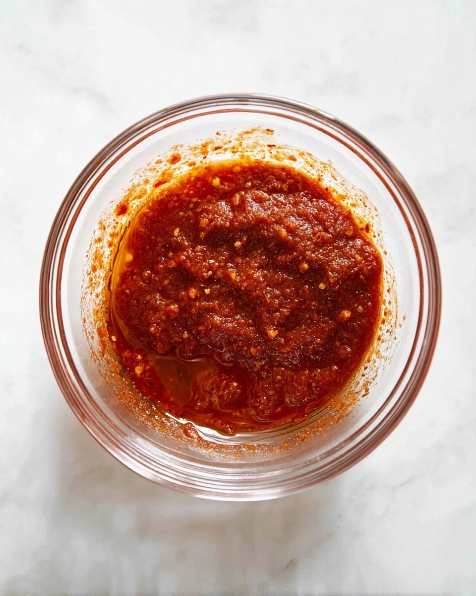 A clear glass bowl sits on a white marbled surface, holding a rich, thick red sauce mixture. The sauce has a textured look with visible small bits, and it clings to the sides of the bowl unevenly. The color ranges from a deep reddish-brown in the center to a brighter red around the edges. There are small pools of oil creating a shiny effect on top. photo taken with an iphone --ar 4:5 --v 7