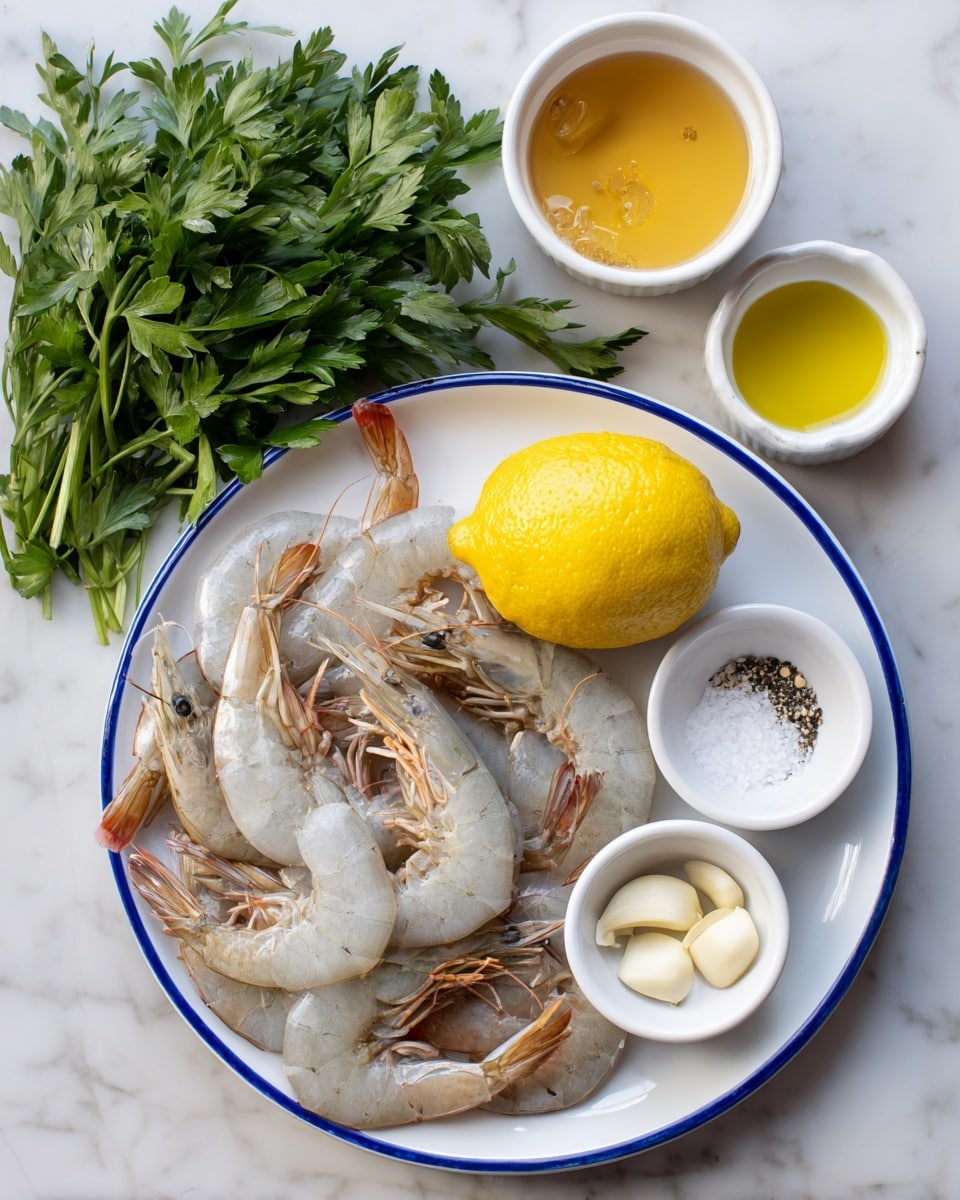 A white round plate with a blue rim holds a pile of raw large shrimp in pale gray and white tones, with their tails showing hints of orange, placed mostly in the center. Around the shrimp, a whole bright yellow lemon sits on the right side. Next to it are three small white bowls: one with golden olive oil, another with several peeled white garlic cloves, and the third filled with coarse salt and cracked black pepper mixed together. To the left of the plate lies a bunch of fresh green parsley with leafy texture. Above the parsley is a small white bowl filled with clear golden honey. All items are set on a white marbled surface. Photo taken with an iphone --ar 4:5 --v 7