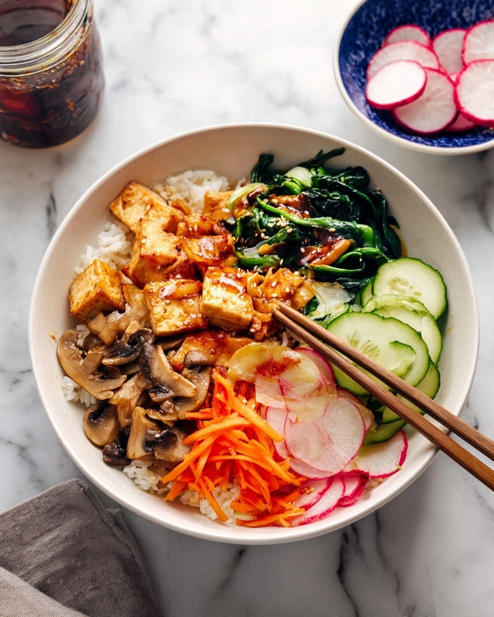 A white bowl filled with a layered dish starting with white rice at the bottom. On top, there are pieces of golden-brown tofu, sautéed dark green spinach, brown sautéed mushrooms, thinly sliced cucumber, thin slices of pale pink radish, and some bright orange shredded carrots. The ingredients are arranged in sections around the bowl. A pair of wooden chopsticks rests on the right side, picking up some rice and tofu. The bowl is placed on a white marbled surface, with a small blue and white bowl of radish slices nearby and a glass jar with dark liquid on the left. photo taken with an iphone --ar 4:5 --v 7