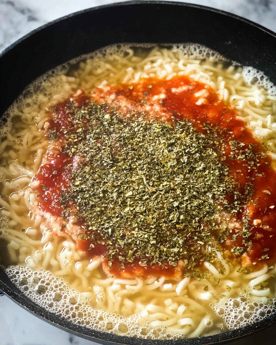 A close-up view of a black pan filled with cooking noodles submerged in light yellow broth. On top of the noodles, there is a layer of red sauce spread unevenly in the center, with a generous amount of green dried herbs sprinkled over the sauce. The broth shows small bubbles around the edges, indicating it is simmering gently. The background surface is a white marbled texture. photo taken with an iphone --ar 4:5 --v 7