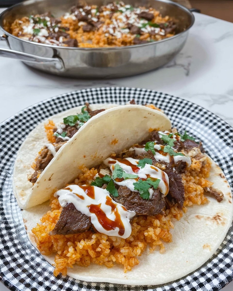 Two soft white tortillas lay on a white plate with a black and white checkered pattern. The top tortilla is open, showing three layers: the first layer is orange rice with a crumbly texture, spread evenly; the second layer is dark brown cooked meat strips scattered on top of the rice; the third layer consists of dollops of white creamy sauce and a reddish-brown sauce drizzled over the meat, garnished with small green cilantro leaves. The bottom tortilla is folded over, partially hiding the same ingredient layers inside. In the background, there is a metal pan filled with the same rice and meat dish on a white marbled surface. Photo taken with an iphone --ar 4:5 --v 7