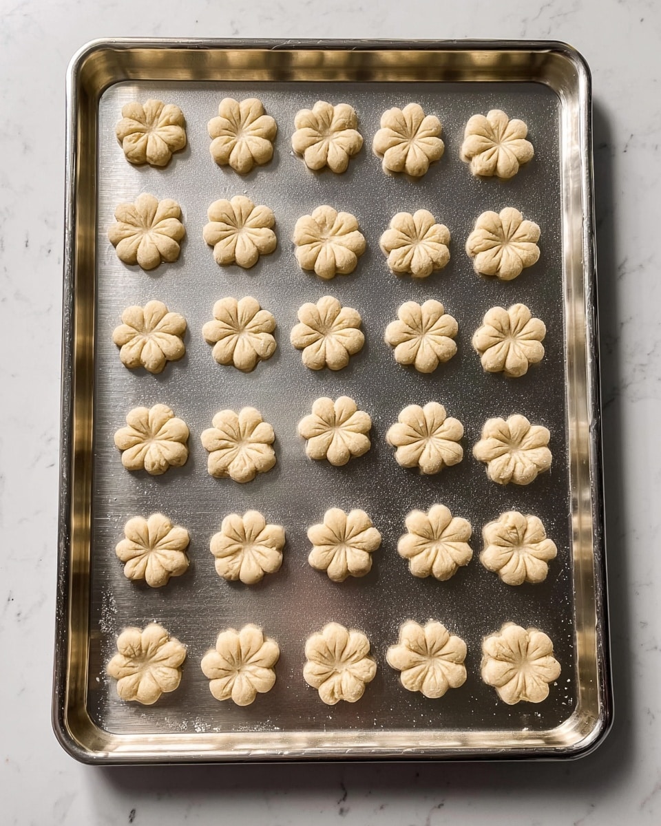 The image shows a metal baking tray placed on a white marbled surface. On the tray, there are 28 small flower-shaped dough pieces arranged in a grid pattern. Each dough piece has five rounded petals with a slightly puffed texture and a small indentation in the center of each petal. The dough is pale beige in color and looks soft, ready to be baked. The tray has a shiny, slightly scratched surface that reflects light evenly. photo taken with an iphone --ar 4:5 --v 7