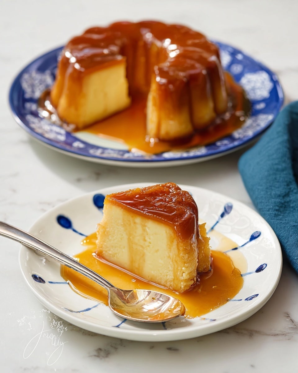 A slice of caramel flan is placed on a white plate with a blue and green pattern, showing two layers: a smooth, creamy light yellow bottom and a shiny caramel brown top layer, with caramel sauce spread around it. A silver spoon with some caramel sauce rests near the slice on the plate. In the blurred background, there is a whole flan with a missing slice on a white plate with a subtle blue tone. The scene is set on a white marbled surface with a dark blue cloth out of focus. Photo taken with an iphone --ar 4:5 --v 7