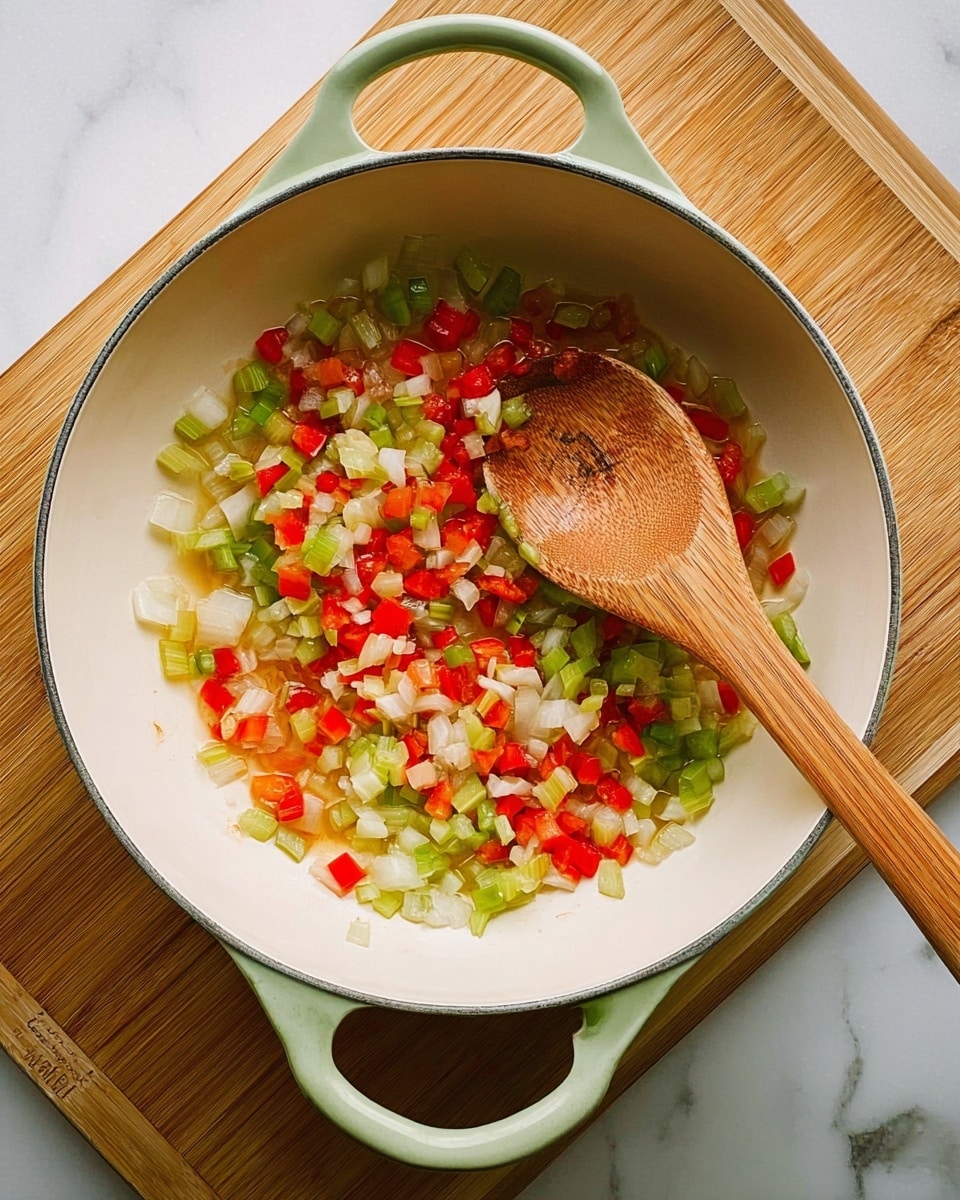 A white pan with a light green handle sits on a wooden surface over a white marbled background. Inside the pan, there is a mix of chopped vegetables, showing three layers: small white onion pieces, red bell pepper chunks, and green celery bits. A wooden spoon rests inside the pan, its rounded end partly covered with the vegetable mix, and the spoon handle stretches out of the pan to the right. The lighting is bright and natural, highlighting the colors of the fresh vegetables. photo taken with an iphone --ar 4:5 --v 7