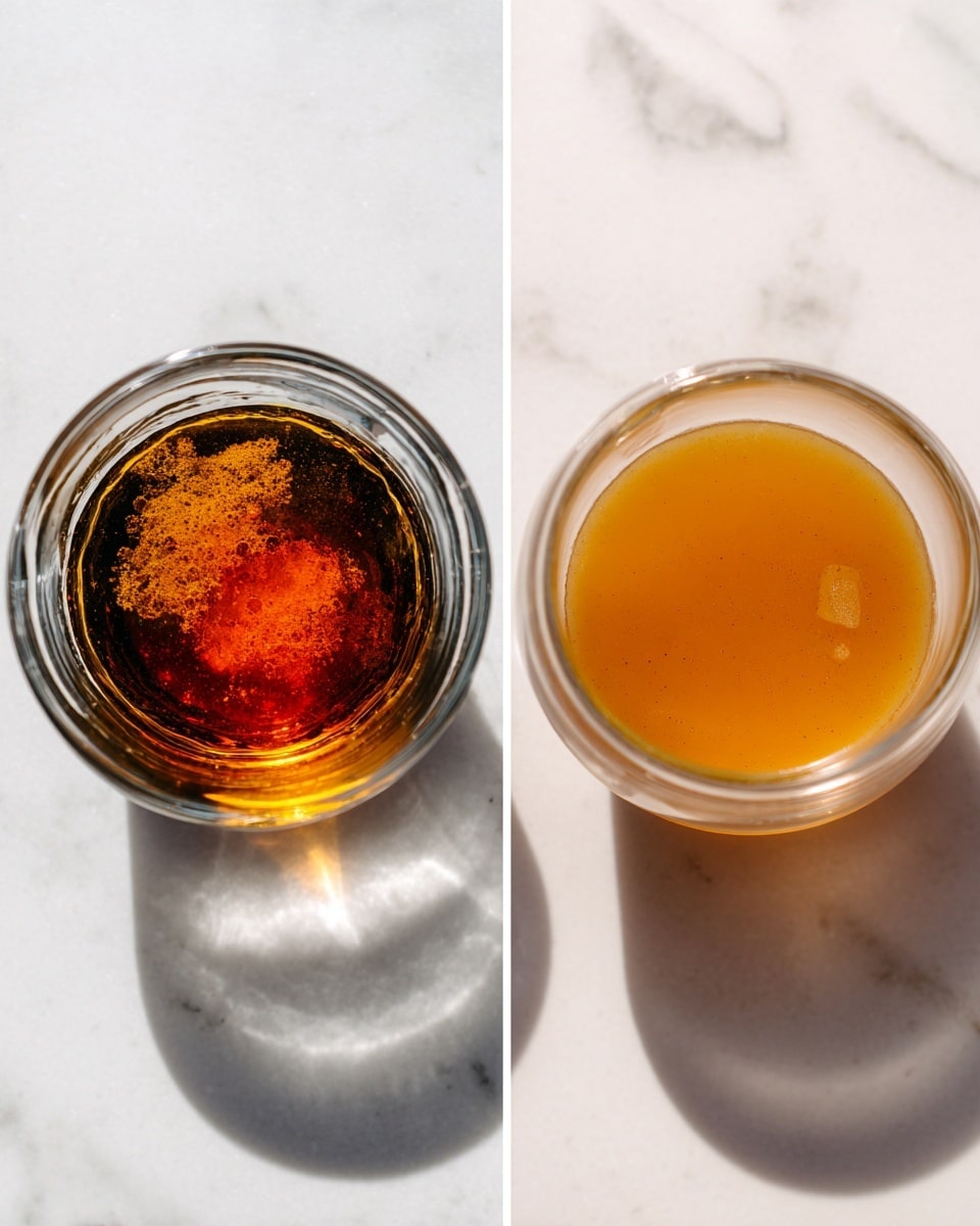 Two clear glass cups are shown from above, each placed on a white marbled surface with sunlight casting shadows below. The first cup contains a layer of dark amber liquid with a slightly cloudy center and some texture variations, giving it a rich, golden-brown appearance. The second cup holds a smooth, light brown liquid that is more opaque and evenly colored, with no visible texture. Both glasses' contents fill about half to two-thirds of the cup volume. photo taken with an iphone --ar 4:5 --v 7