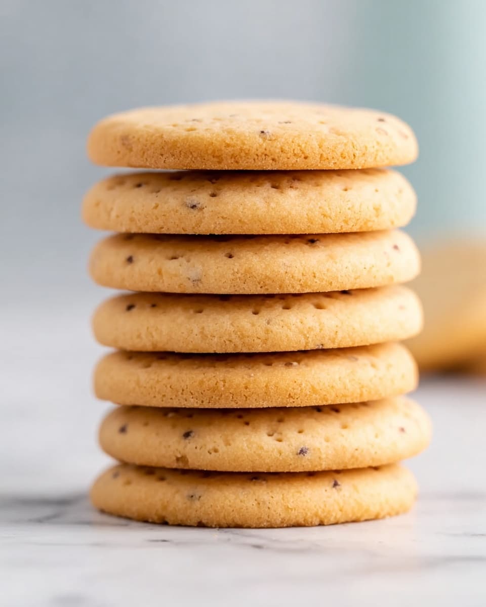 The image shows a stack of six round light brown cookies with small darker specks inside them, sitting directly on a white marbled surface. Each cookie has a smooth top with slight dimples and a soft texture. The cookies are evenly stacked, creating a neat and tall tower. The background is softly blurred with light blue and white tones, making the cookies the clear focus of the image. Photo taken with an iphone --ar 4:5 --v 7