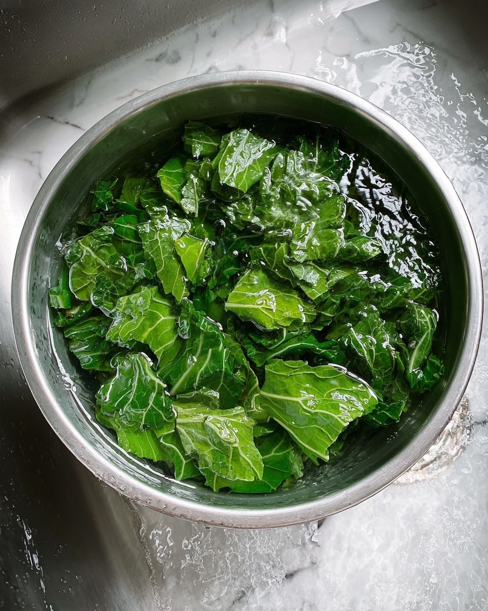 A metal bowl filled with water and bright green leafy vegetables soaking inside, the green leaves are roughly chopped with visible veins and some water droplets on their surfaces, the bowl is placed in a metal sink with water splashes around, the whole scene set against a white marbled texture background, photo taken with an iphone --ar 4:5 --v 7