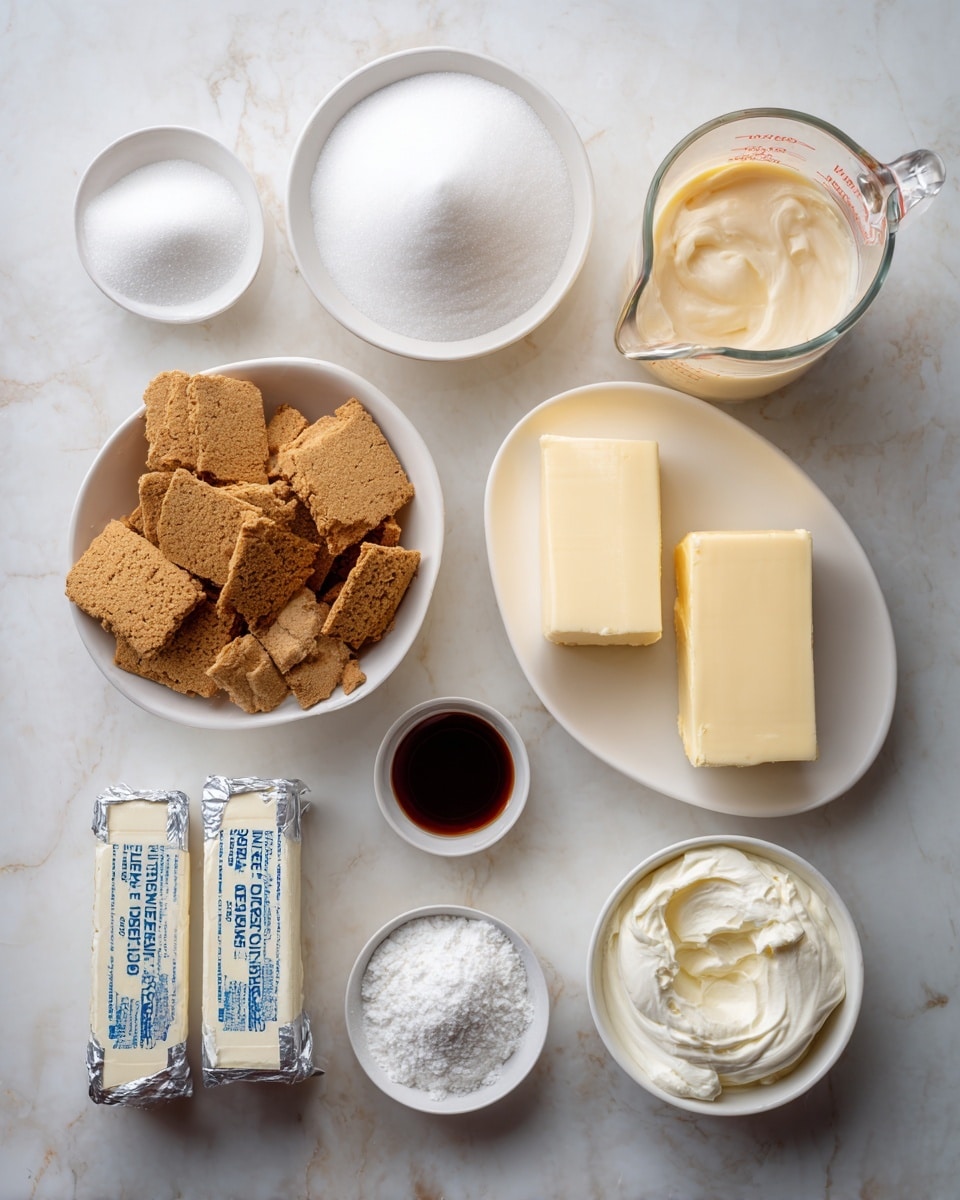 The image shows a white marbled surface with eight different ingredients arranged neatly. At the top left is a small white bowl filled with white sugar. Next to it on the right is a clear glass measuring cup with heavy cream, light beige in color. Below the sugar is a white bowl filled with broken gluten-free graham crackers, brown and crumbly. To the right is a white bowl holding a rectangular piece of pale yellow butter. Below and to the left is two blocks of cream cheese in silver wrappers with blue text. Next to the cream cheese is a small white bowl with dark brown vanilla extract. To the right is a small white bowl with white sour cream that has a thick texture. Lastly, below and to the right is a small white bowl filled with powdered sugar, very fine and white. Each ingredient is labeled with a grey box and white text above it, laid out clearly on the white marbled background. photo taken with an iphone --ar 4:5 --v 7