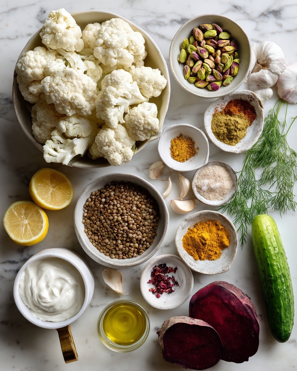 The image shows an overhead view of various fresh ingredients arranged separately on a white marbled surface. There is one large white bowl filled with white and cream-colored cauliflower florets in the top left corner, and next to it, a small white bowl with reddish-green pistachios. A small bunch of green dill lies near the pistachios. In the middle right area, a white bowl holds small piles of spices including golden turmeric, light brown coriander, orange chili powder, light beige sea salt, and brown cumin. A small garlic clove sits alone near the center. Below, a larger white bowl contains brown lentils. Halved bright yellow lemon pieces are on the left side. At the bottom left, a gold measuring cup holds thick, white dairy-free yogurt. A dark purple beetroot is near the yogurt, while a long, whole green cucumber is positioned on the bottom right. A small white cup filled with golden olive oil is beside the cucumber. The ingredients are neatly spaced, showing their natural colors and textures clearly. Photo taken with an iphone --ar 4:5 --v 7
