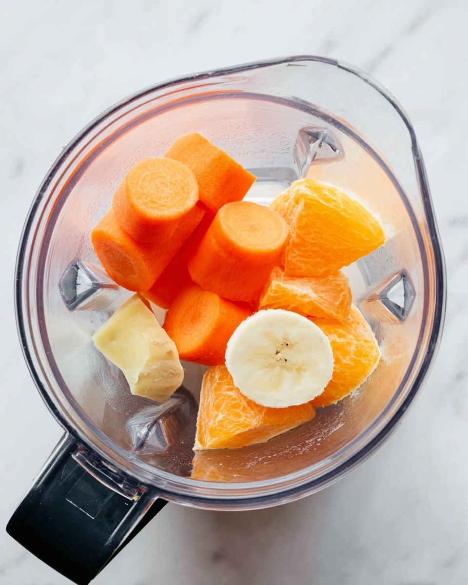 Inside a clear blender jar on a white marbled surface, there are five chunks of bright orange carrot pieces stacked together on the left side, a small piece of pale yellow ginger piece near the carrots, two large segments of peeled orange on the right, and a single round slice of banana with a creamy white center positioned next to the orange segments. The blender jar has a black handle visible at the bottom left. The colors are vibrant and the textures of the fruits and vegetables are clear. photo taken with an iphone --ar 4:5 --v 7