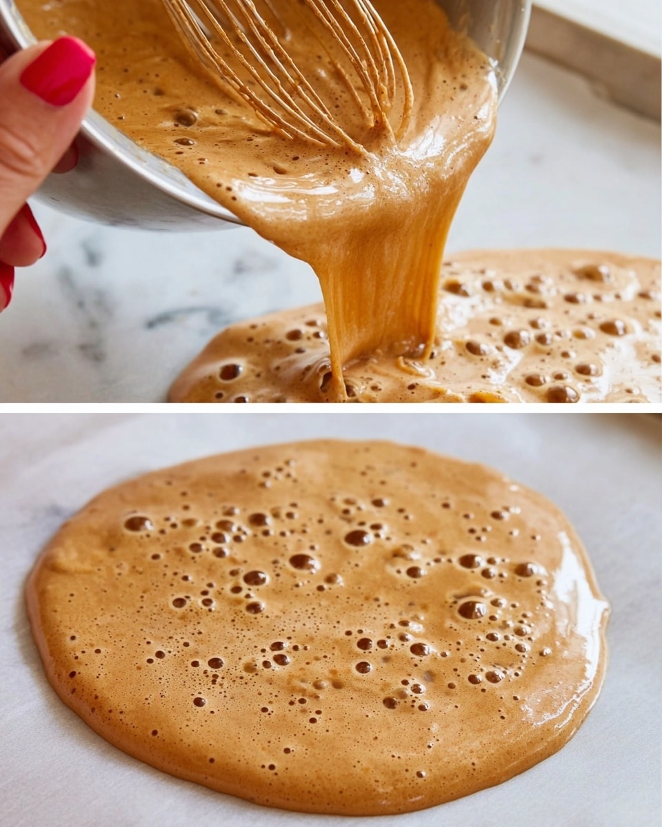The image shows a thick, frothy light brown batter with many bubbles being poured from a metal bowl onto a flat white marbled surface covered with parchment paper. The batter has a glossy texture, and in the second part of the image, it spreads out thinly with larger holes and a slightly uneven surface showing its airy quality. A woman's hand with red painted nails is holding a whisk inside the metal bowl, helping to pour the batter. photo taken with an iphone --ar 4:5 --v 7