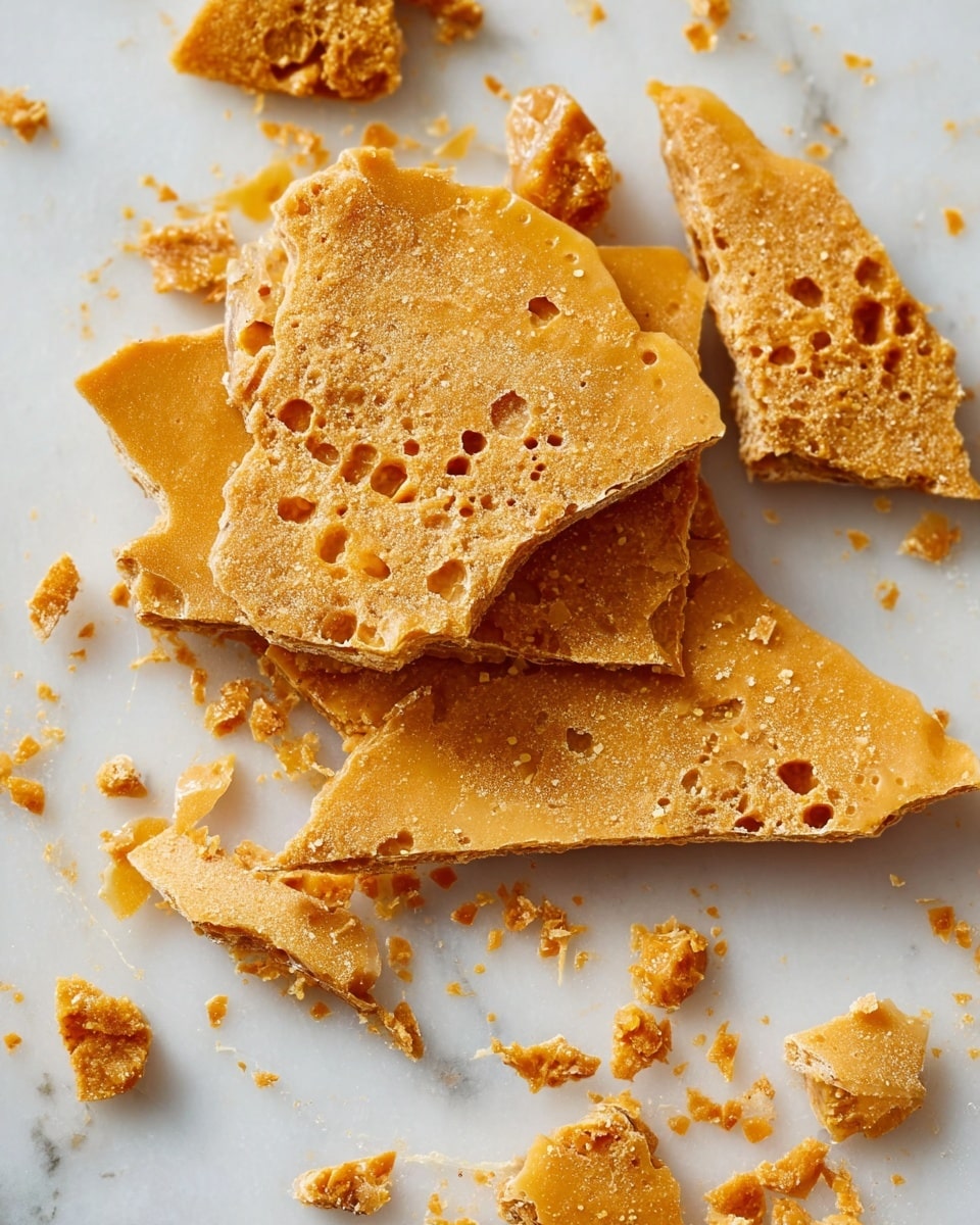 A close-up view of several pieces of honeycomb toffee stacked unevenly on a white marbled surface. The toffee pieces have a light golden brown color with a glossy, slightly shiny top layer, and a porous texture full of small and medium holes throughout. The pieces are irregular in shape with rough edges, showing thickness of about one layer. Crumbs and small broken bits surround the main stack, adding to the rustic feel. The image captures the crunchy and airy texture clearly, with soft natural light enhancing the warm tones. photo taken with an iphone --ar 4:5 --v 7