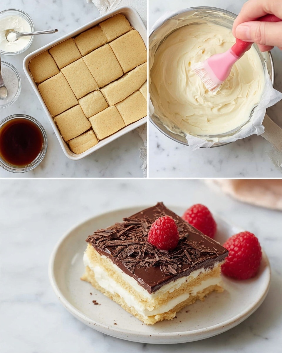The final dish is a two-layered square cake placed on a white plate, with the bottom and top layers being light brown and soft in texture, separated by a thick white cream layer in the middle. The top cream layer is decorated with dark chocolate shavings spread unevenly and a single red raspberry placed in the center. To the right of the cake on the plate, there are two more fresh red raspberries. The background features a white marbled surface, and a woman's hand is using a pink brush to apply a liquid onto rectangular pieces of the light brown cake that are arranged neatly in a white baking dish. Near the dish, there is a mix of smooth white cream in a silver mixing bowl and a small clear glass bowl filled with a dark brown liquid. Additionally, there is a baked light brown cake with a smooth surface in a white square baking pan lined with parchment paper, and a pile of soft, thick cream batter resting on a sheet of parchment paper on the white marbled surface. photo taken with an iphone --ar 4:5 --v 7