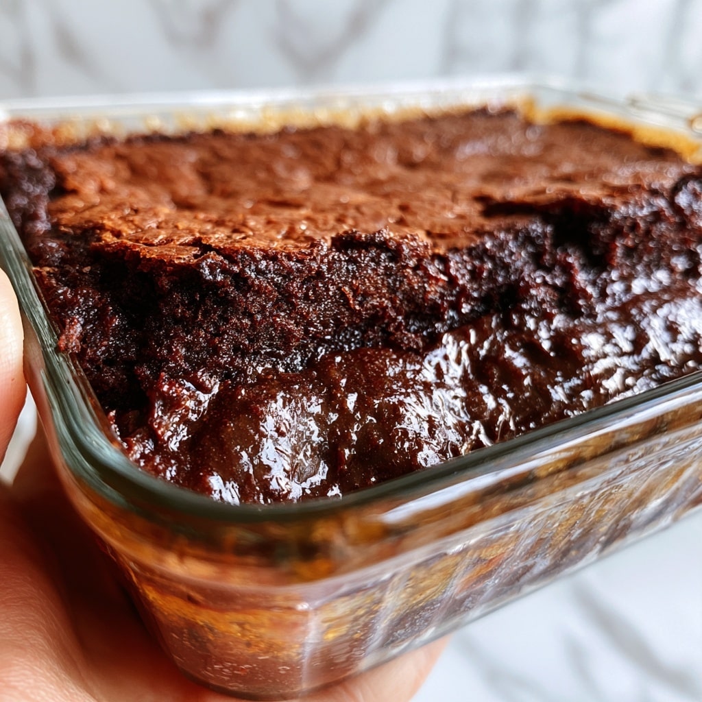 The image shows a close-up of a chocolate dessert in a clear glass baking dish. The dessert has two main layers: a top layer with a firm, cracked surface that is dark brown and rough in texture, and a bottom layer that looks shiny and gooey with melted chocolate, appearing darker and wet. The top layer forms a crust around the edges, while the middle is soft and rich with a glossy surface. The baking dish is placed on a white marbled surface. photo taken with an iphone --ar 4:5 --v 7