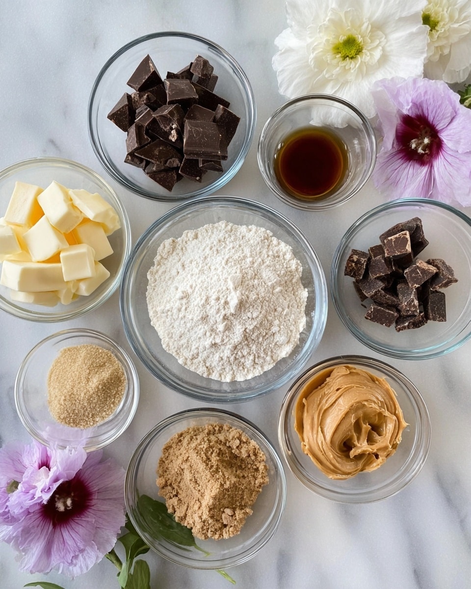 The image shows eight small clear glass bowls arranged in a circle on a white marbled surface with flowers at the top right and bottom left. In the center bowl, there is white flour with a soft powdery texture. Surrounding it clockwise from the top are dark brown chocolate chunks, light yellow cubes of butter, darker chopped chocolate pieces, a small amount of dark brown vanilla extract in a liquid form, white granulated sugar, light brown crumbled brown sugar, and creamy light brown peanut butter with a smooth texture. The colors range from white, light yellow, and light brown to darker shades of brown, creating a neat and clean look. Photo taken with an iphone --ar 4:5 --v 7