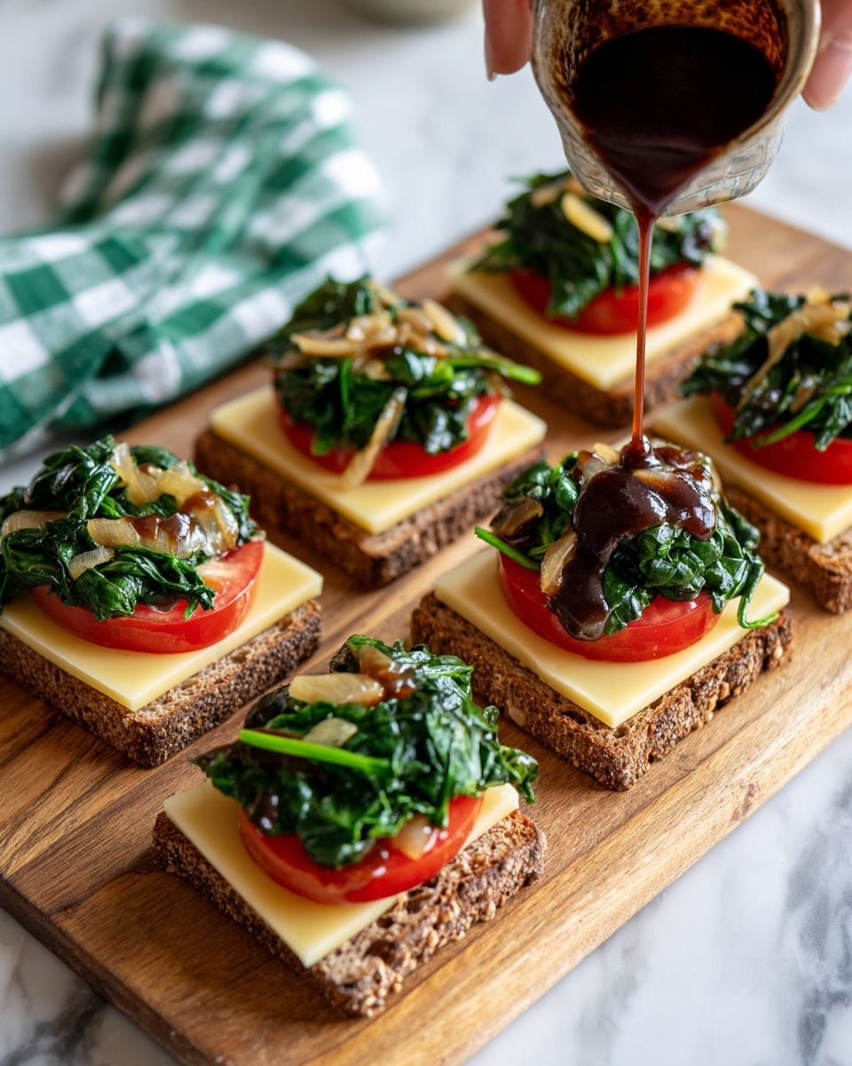 The image shows six open-faced sandwiches on whole grain bread on a wooden cutting board set on a white marbled surface. Each sandwich has three layers: the base is a slice of bread, followed by a pale yellow square slice of cheese, and topped with a bright red slice of tomato. On top of the tomato is a layered pile of dark green sautéed spinach mixed with light brown slices of garlic. A woman's hand is pouring a thick dark sauce over one of the sandwiches, adding contrast to the greens and reds. A green and white checkered cloth is placed near the corner of the board. Photo taken with an iphone --ar 4:5 --v 7