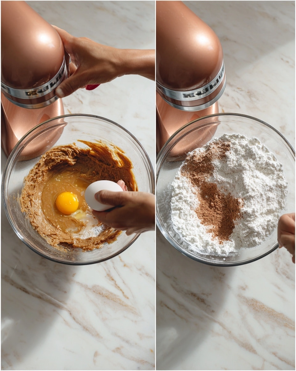 The image shows two side-by-side views of a copper-colored stand mixer on a white marbled surface. In the left image, a woman's hand is pouring a whole egg into the transparent glass mixing bowl attached to the mixer, where a brown, creamy dough is being mixed. In the right image, the mixer is running as white flour is added into the same glass bowl containing the brown dough, creating a mix of white and brown textures. The bowl and the mixer are seen from above at a slight angle, highlighting the ingredients blending inside. Photo taken with an iphone --ar 4:5 --v 7