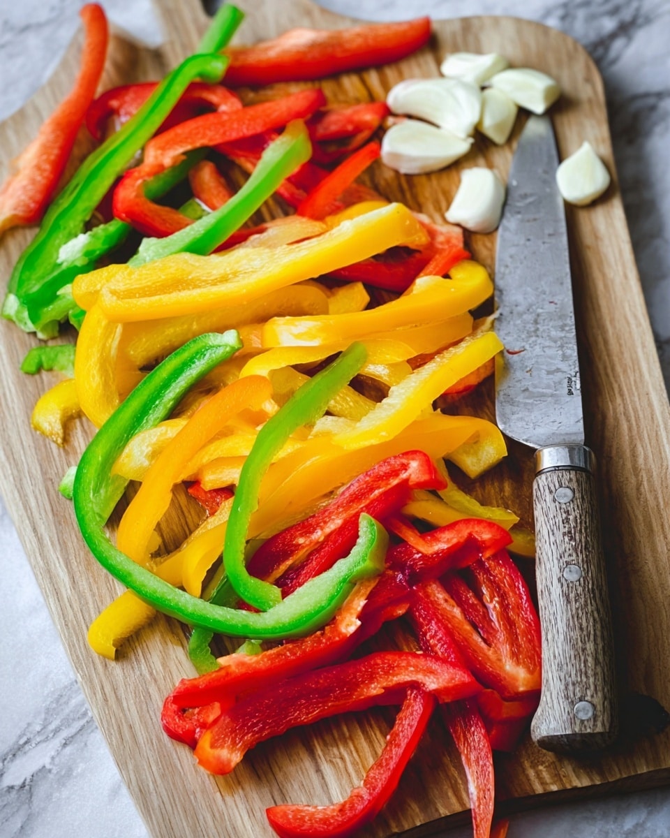 The image shows a wooden chopping board on a white marbled surface, covered with sliced bell peppers in red, yellow, and green colors. The bell peppers are cut into long strips spread unevenly across the board. A few chunks of white garlic are placed on the right side of the board. A knife with a silver blade and a worn wooden handle lies diagonally over the red pepper strips on the lower right side. The texture of the peppers is fresh and glossy. Photo taken with an iphone --ar 4:5 --v 7