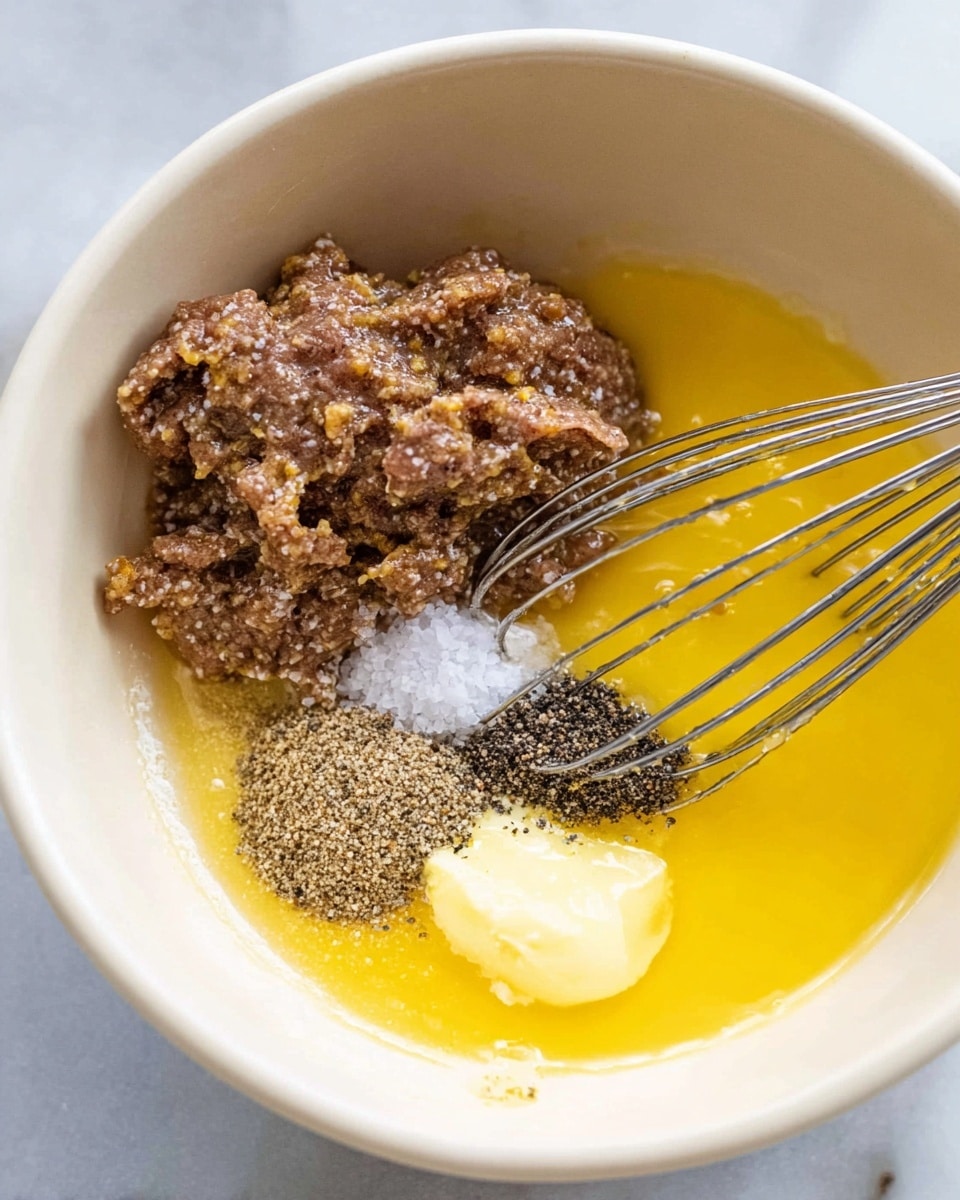 In a white bowl, there are five layers of ingredients placed separately before mixing. The first layer is a chunky brown paste with a rough texture on the left side. Next to it, a bright yellow liquid layer takes up the right side of the bowl. Below the brown paste, there is a small pile of coarse white salt crystals. To the right of the salt, a small heap of crushed black pepper shows a coarse texture. Above the pepper, a lighter yellow creamy dollop rests beside the liquid. A metal whisk with thin silver wires is partially submerged in the yellow liquid on the right side of the bowl. The bowl is set on a white marbled surface. Photo taken with an iphone --ar 4:5 --v 7
