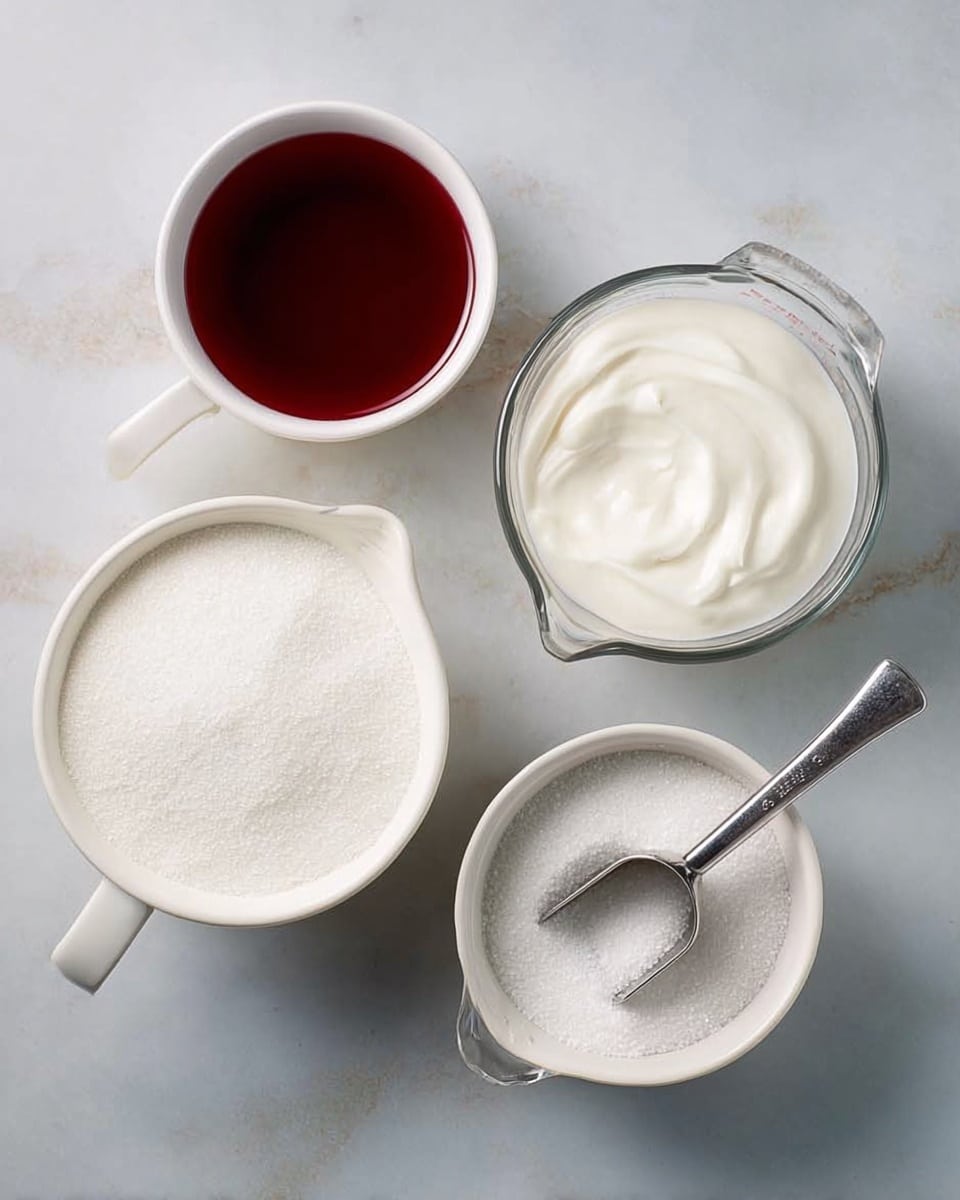 The image shows four white bowls and a clear measuring cup on a white marbled surface. The top left bowl contains a dark red liquid, smooth and shiny. Next to it, a glass bowl filled with thick white cream has a smooth texture. Below that, a clear glass measuring cup is filled with a white foamy liquid, slightly bubbly on top. On the right side, a white bowl filled to the top with white granular sugar holds a metal measuring scoop resting inside it. photo taken with an iphone --ar 4:5 --v 7