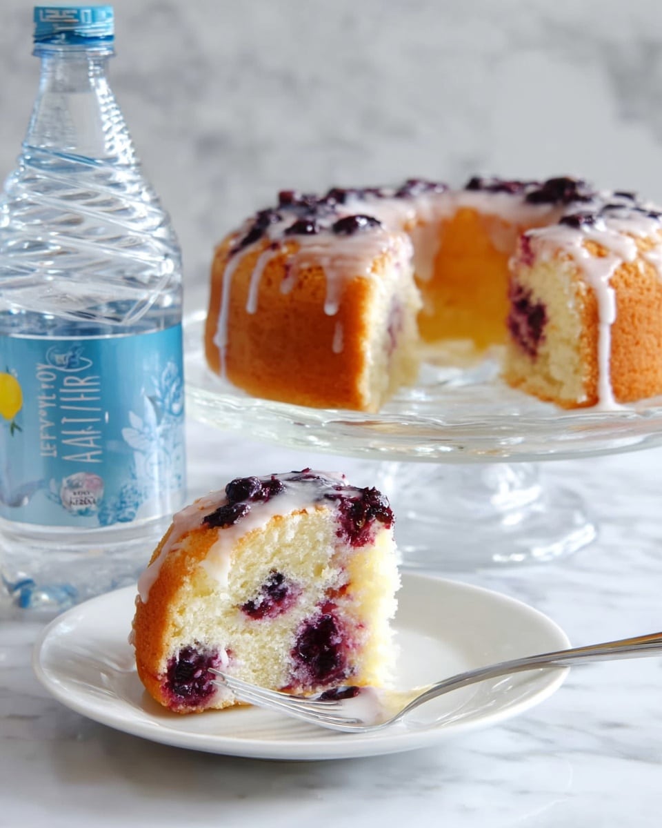 The image shows a small round cake with a light, fluffy white inside and a golden-brown outer layer, topped with dark purple berries and a white glaze that drips down the sides. The cake is placed on a clear glass cake stand on a white marbled surface. In front, a slice of the cake is cut and placed on a white plate, showing the soft texture inside and the syrupy glaze on top. A fork is set beside the slice, and a woman’s hand is holding a bottle of clear sparkling water with a blue and white label, positioned to the left of the cake. The whole scene is bright and clean. photo taken with an iphone --ar 4:5 --v 7