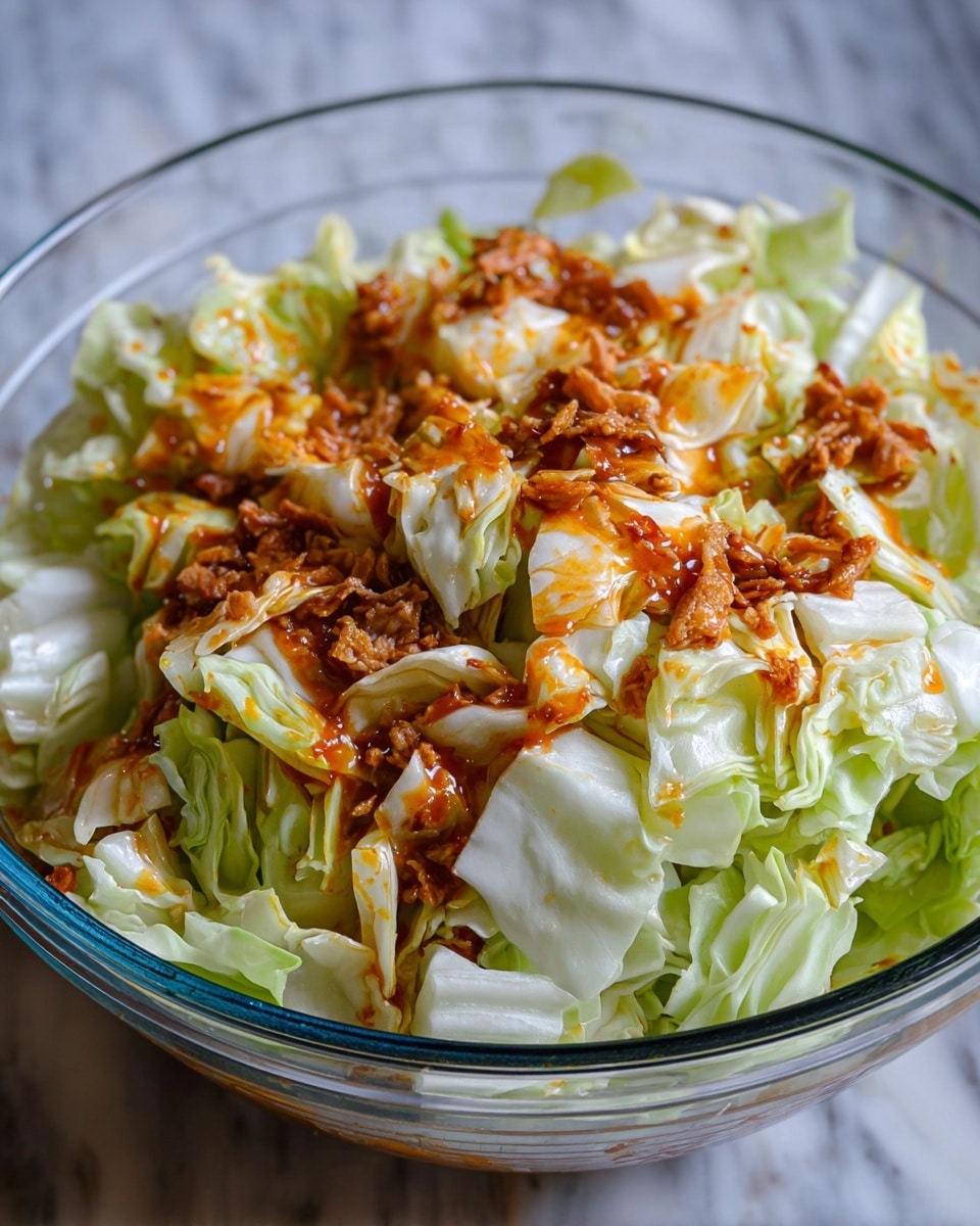 A clear glass bowl holds two main layers: the bottom layer is fresh light green and white chopped cabbage with a crisp texture, while the top layer is a mix of more cabbage pieces coated with a reddish-orange oily sauce and small chunks of browned, crispy bits scattered evenly. The cabbage pieces have a mix of smooth and ruffled edges with shiny sauce catching light, adding a glossy effect. The bowl sits on a white marbled surface. photo taken with an iphone --ar 4:5 --v 7