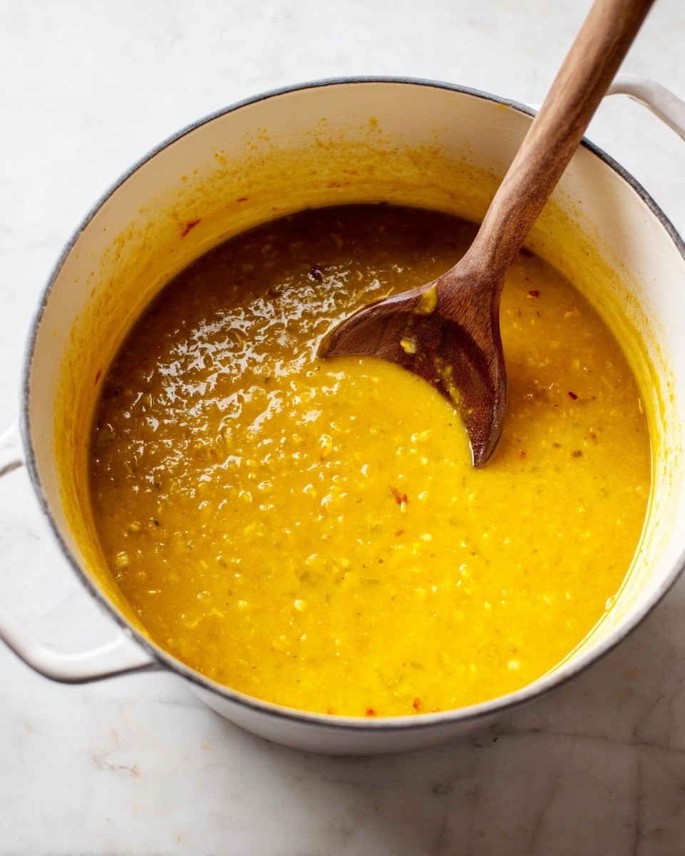 A large white pot holds a thick, golden-yellow soup with visible small bits that give it a textured look. A wooden spoon is stirring the soup, its darker brown color contrasting with the bright soup. The pot has a round shape with handles and a slightly worn white inside rim showing touches of yellow soup. The pot sits on a white marbled surface with soft natural light casting subtle shadows. photo taken with an iphone --ar 4:5 --v 7