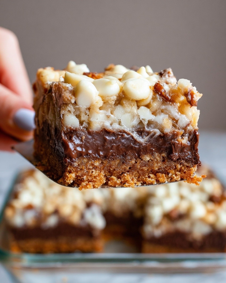 A close-up of a dessert bar held by a woman's hand on a spatula, showing four distinct layers. The bottom layer is a crunchy brown crust with a crumbly texture. Above that is a thick, dark melted chocolate layer, visibly soft and creamy. The next layer is a mix of light brown and white textures, looking like a chewy coconut and nut mixture with small pieces scattered throughout. The top layer consists of small, round white pieces, possibly white chocolate or nuts, spread evenly. The background is a white marbled texture with the rest of the dessert visible in a clear glass dish. photo taken with an iphone --ar 4:5 --v 7