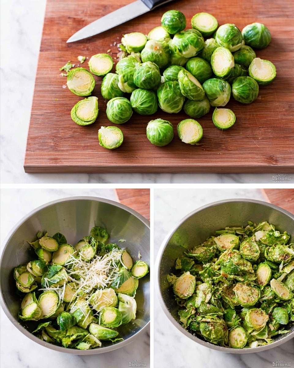 The image shows three parts of preparing Brussels sprouts. The top part displays a wooden cutting board on a white marbled surface with a knife placed at the top side. To the right is a pile of whole raw Brussels sprouts with bright green leaves, and to the left are halved Brussels sprouts showing a pale green interior. The bottom left part shows a metal bowl on a white marbled surface containing halved Brussels sprouts mixed with grated cheese and some seasoning, with a visible texture of green and white pieces. The bottom right part also shows the metal bowl with the Brussels sprouts mixed and seasoned, showing a more even coating of spices and cheese. Photo taken with an iphone --ar 4:5 --v 7