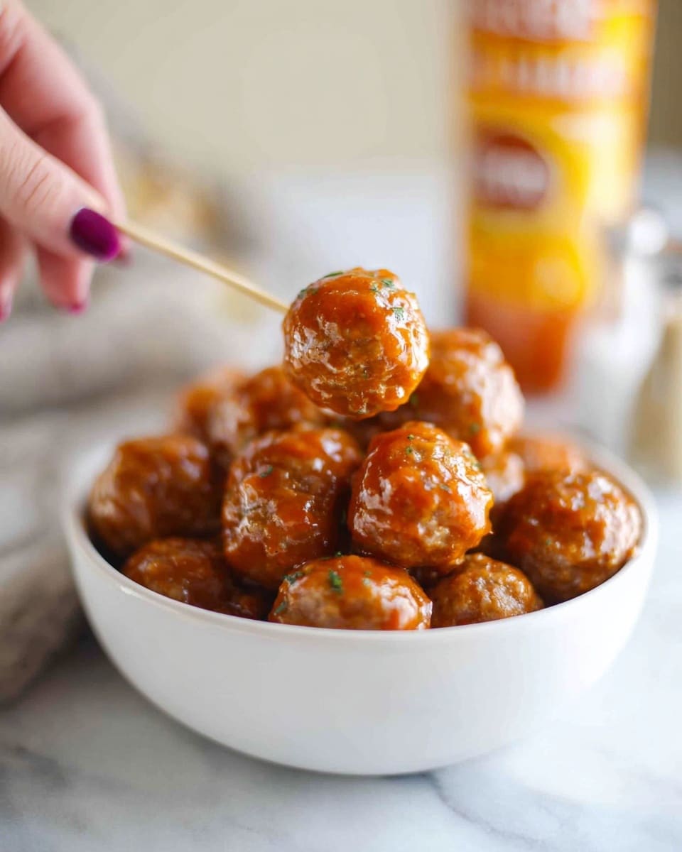 A close-up image shows a white bowl full of small round meatballs covered in a shiny orange sauce. The meatballs have a slightly bumpy texture and are stacked inside the bowl, which rests on a white marbled surface. A woman's hand with purple painted nails holds a small wooden toothpick that picks up one meatball from the bowl. In the blurred background, there is a bottle with a yellow and orange label and a salt shaker. photo taken with an iphone --ar 4:5 --v 7