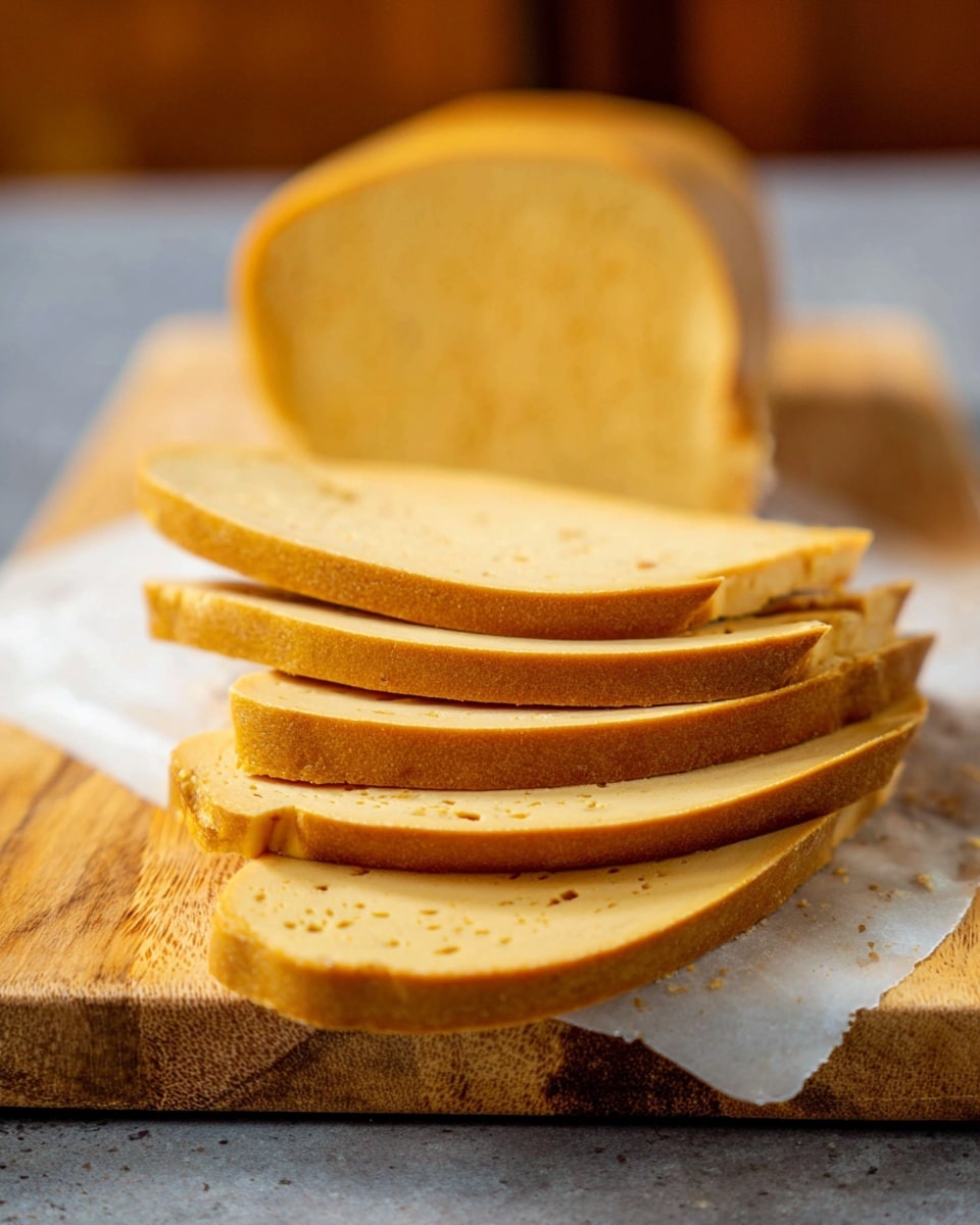 A stack of thin, light golden slices with a slightly browned edge is arranged on a wooden board that has one end with a white marbled texture. The slices are slightly curved and smoothly textured, showing a spongy and soft inside with some tiny holes. Behind the stack is a half piece of the same sliced item, with a smooth rounded top and the same light golden color inside. The background is blurred with warm brown tones, and the focus is on the slices in the front. Photo taken with an iphone --ar 4:5 --v 7