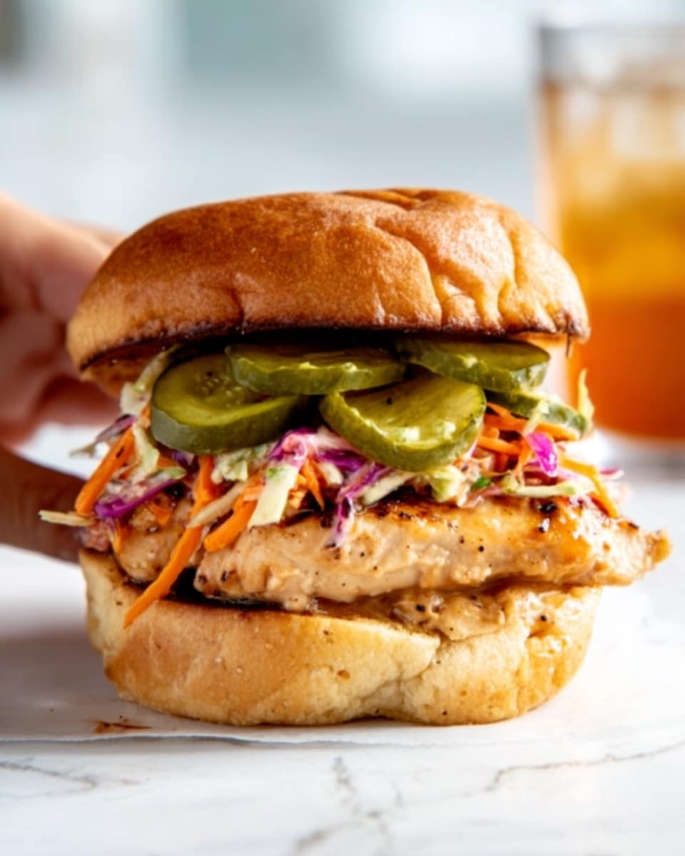 The image shows a sandwich with a golden-brown toasted bun on top and bottom, sitting on a white marbled surface. Inside, there is a thick, cooked piece of chicken with a slightly crispy texture and light brown color. On top of the chicken, there are several sliced green pickles arranged in a row, with thin slices of light purple cabbage and orange shredded carrots layered beneath the pickles. The sandwich appears juicy and stacked neatly, with some vegetables peeking out from the sides. In the background, there is a blurred glass of liquid with a warm-colored drink. A woman's hand is holding the sandwich from the bottom, lifting it slightly. photo taken with an iphone --ar 4:5 --v 7
