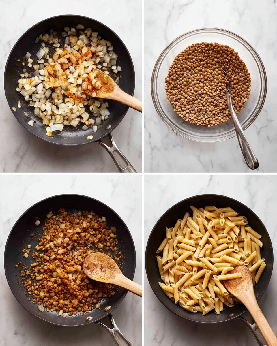 The image shows four cooking steps in a black pan on a white marbled surface. The first step has a layer of small chopped onions sauteed to a light golden brown with some orange oil around them, and a wooden spoon stirring them from the right side. The second step shows a clear glass bowl filled with cooked brown lentils, some moist, with a silver spoon resting inside. The third step displays the black pan again, now filled with the cooked lentils mixed into the sautéed onions, the wooden spoon blending them together from the right. The final step shows the black pan with the onion and lentil mix, topped with a layer of small pale yellow pasta sticks scattered unevenly, with the wooden spoon stirring from the right side. Photo taken with an iphone --ar 4:5 --v 7