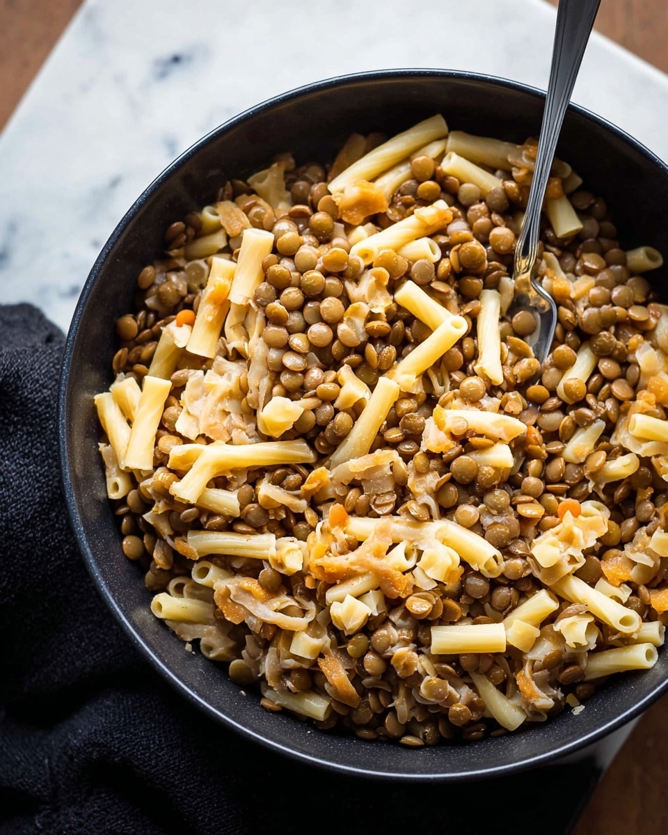A close-up of a black bowl filled with pasta mixed with lentils. The dish has one main layer consisting of light yellow pasta strands and small, round, brown lentils all mixed together. A woman's hand wearing a dark sleeve is holding a silver spoon lifting a small portion of the pasta and lentils from the bowl. The background shows a soft wood surface with a warm light. Photo taken with an iphone --ar 4:5 --v 7