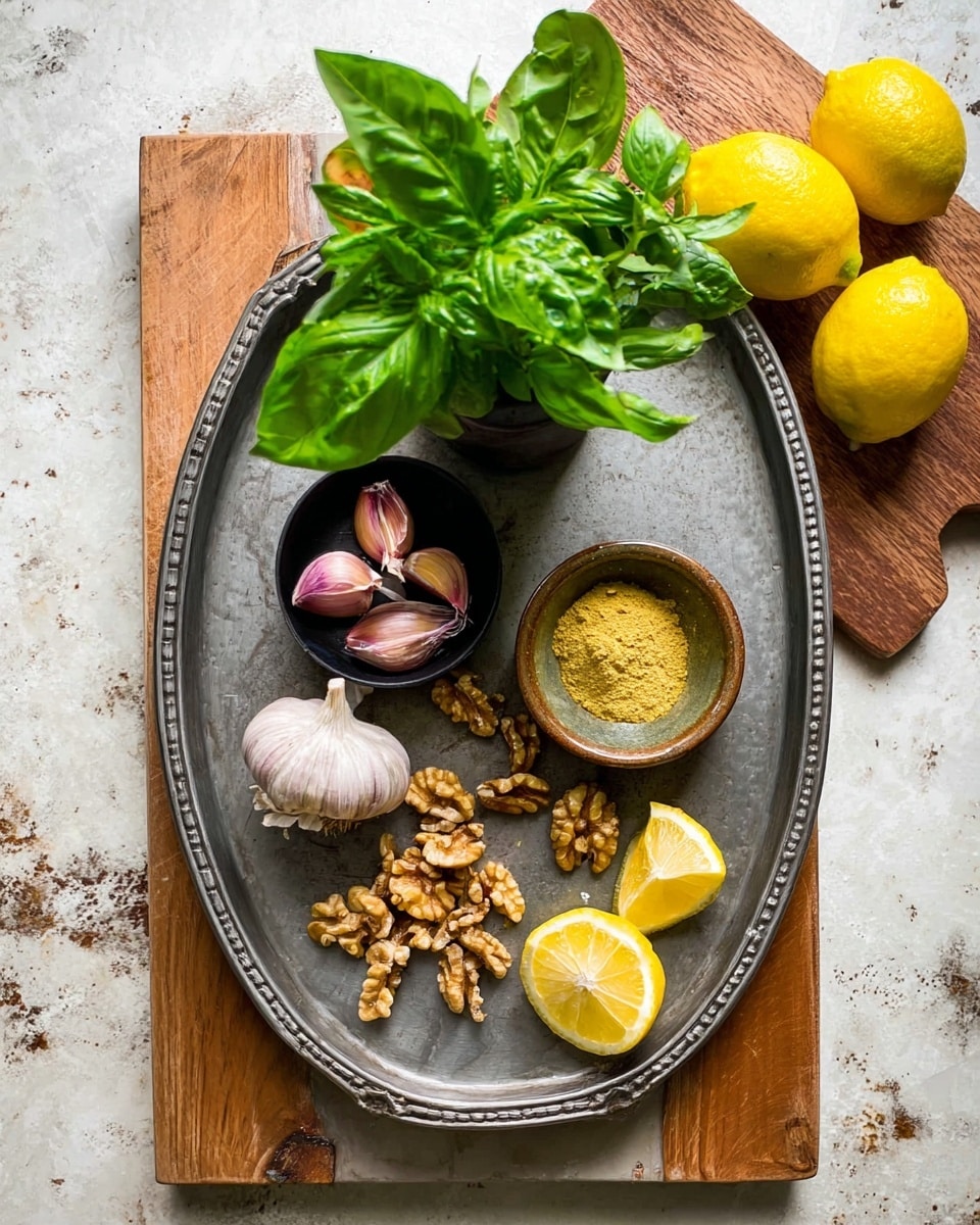A large oval gray metal tray is set on a white marbled textured surface. On the tray, there is a small black bowl filled with purple garlic cloves at the bottom left, and next to it is a whole garlic bulb with some cloves and garlic skin scattered around the center. Above the garlic, a small bunch of fresh bright green basil leaves stands upright in a dark container. To the right of the garlic lies a small rustic brown bowl filled with yellow powdery seasoning. Above this is a small gray cup filled with light brown walnut halves, with more walnuts spilled around it. Two lemon wedges sit near the top right on the tray. Outside the tray, at the top right corner on a wooden board, are two whole bright yellow lemons, one of which is halved. Photo taken with an iphone --ar 4:5 --v 7