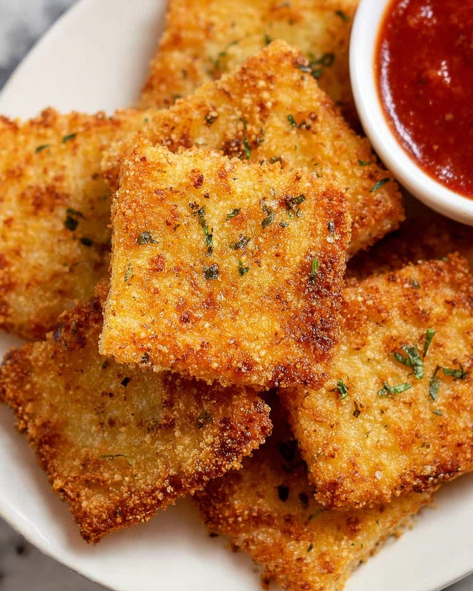 Nine square ravioli pieces with golden-brown, crispy edges are arranged in a single layer inside a black air fryer basket. Each ravioli shows a slightly bubbled, textured surface with light browning spots, suggesting a crunchy outer layer. The basket has slotted holes at the bottom and sides for air circulation, and a few oil drops are visible, adding a glossy finish to the cooked ravioli. The image is focused on the warm, toasted ravioli, highlighting their fried texture and uniform color. Photo taken with an iphone --ar 4:5 --v 7