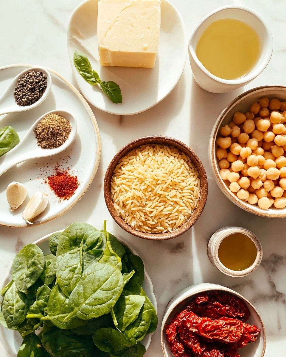 The image shows several small dishes and spoons arranged on a white marbled surface. At the center, there is a brown bowl filled with dry orzo pasta. To the right, a beige bowl holds cooked chickpeas, and above it, a white cup contains a clear light yellow liquid. At the top, a small white plate holds a block of pale yellow cheese. To the left, there is a white plate with three white spoons filled with black pepper, red chili powder, and mixed herbs, surrounded by fresh garlic cloves and basil leaves. At the bottom left, a white plate is filled with fresh, bright green spinach leaves. Near the top right, a bowl with red sun-dried tomatoes completes the setting. The whole arrangement is neatly laid out with bright, natural lighting. photo taken with an iphone --ar 4:5 --v 7