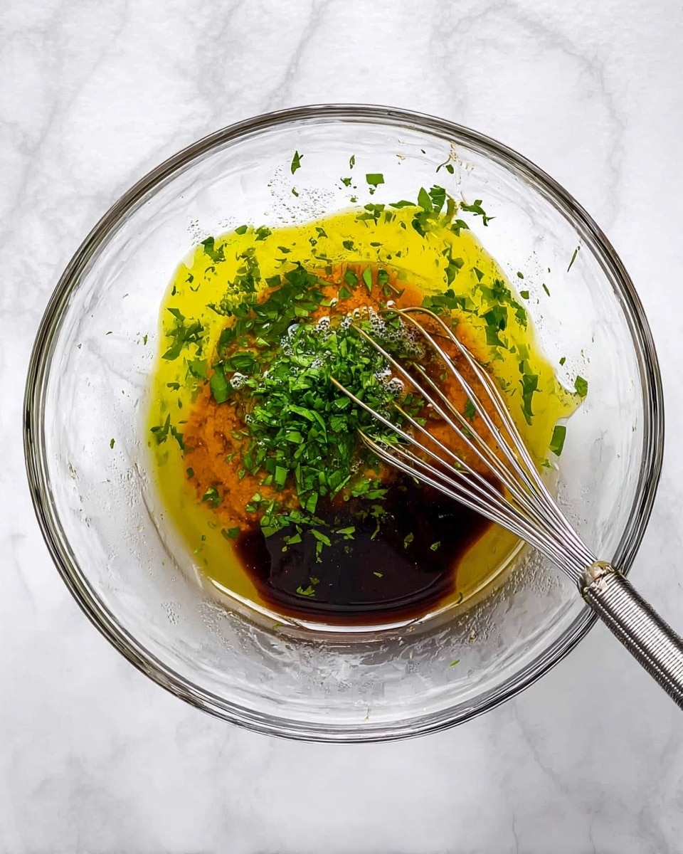 A clear glass mixing bowl shows several liquid ingredients pooled in the center: a golden yellow layer of oil forming the outer ring, a dark brown sauce filling part of the middle, and a smaller orange layer blending in. Fresh green chopped herbs sit on top of the liquids in the middle. A metal whisk rests on the right side inside the bowl. The bowl is placed on a white marbled surface. photo taken with an iphone --ar 4:5 --v 7