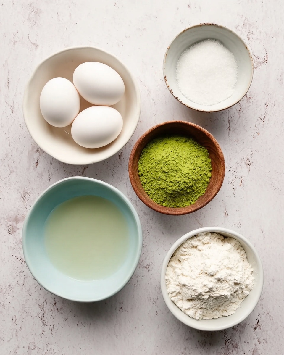 The image shows five small bowls on a white marbled surface, each with different ingredients. At the top left, a white bowl holds four white eggs. To its right, a small white bowl is filled with white sugar. Next to it on the far right, a small wooden bowl contains bright green matcha powder. Below these, a pale blue bowl holds a clear liquid, while at the bottom right, a white bowl is filled with white flour. The bowls are arranged neatly in a loose circle. photo taken with an iphone --ar 4:5 --v 7