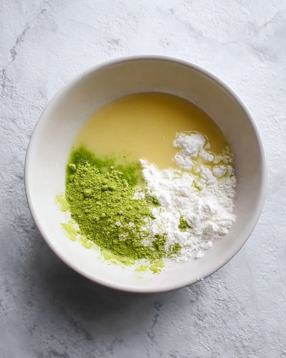 A white bowl sits on a white marbled surface, filled with several unmixed ingredients: a viscous light yellow liquid, a bright green powder, and white powdery flour, all arranged in separate sections inside the bowl and ready for mixing, the textures showing a clear contrast between smooth liquid and dry powders. photo taken with an iphone --ar 4:5 --v 7