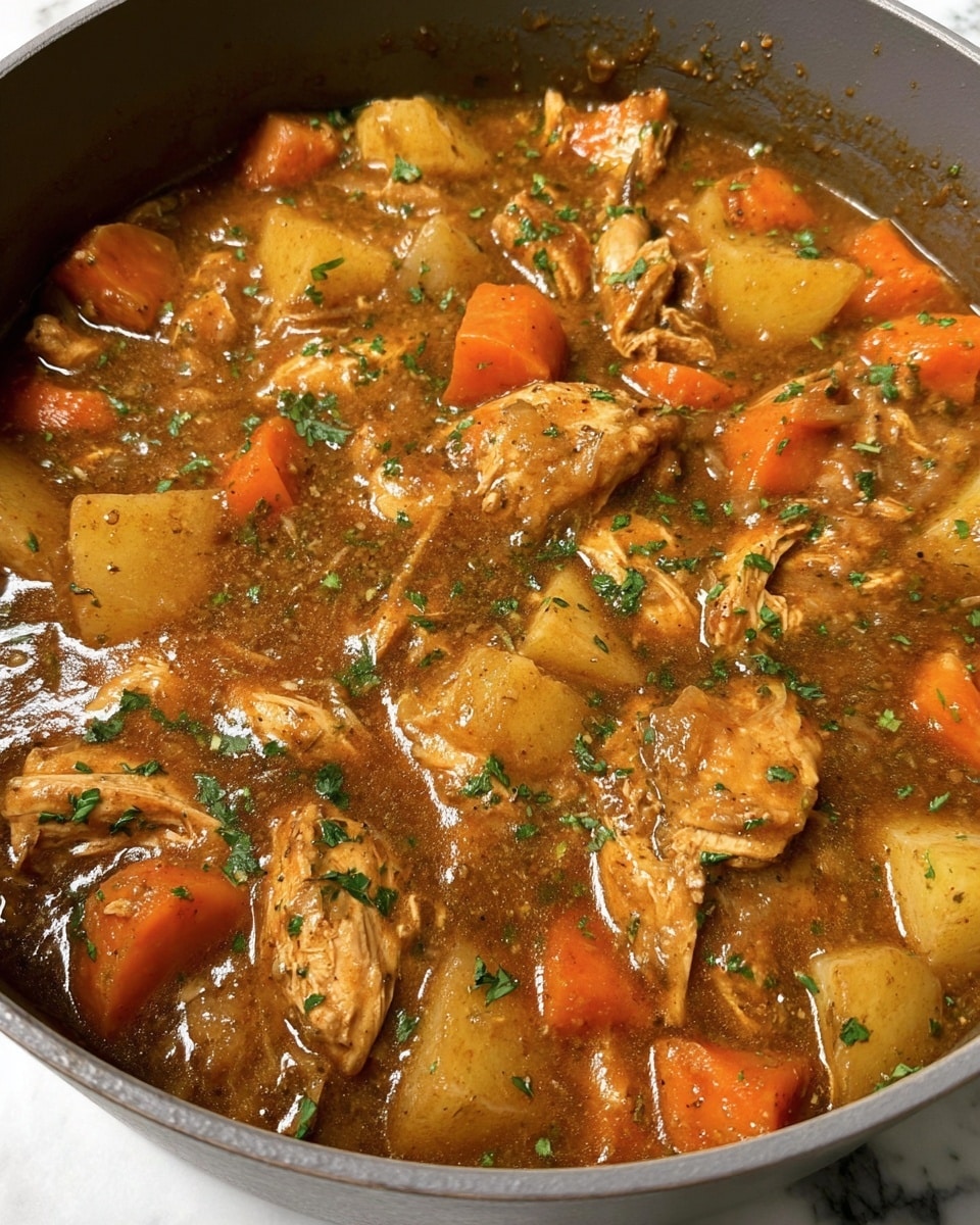 A close-up view of a thick stew inside a gray pot, filled with large chunks of cooked chicken in light tan color, orange baby carrots, and yellowish potato pieces. The stew has a rich, glossy brown sauce that coats the ingredients evenly. Small bits of chopped green herbs are sprinkled over the top, adding a fresh touch. The background shows a white marbled surface, and the pot's rim is visible around the edges. photo taken with an iphone --ar 4:5 --v 7