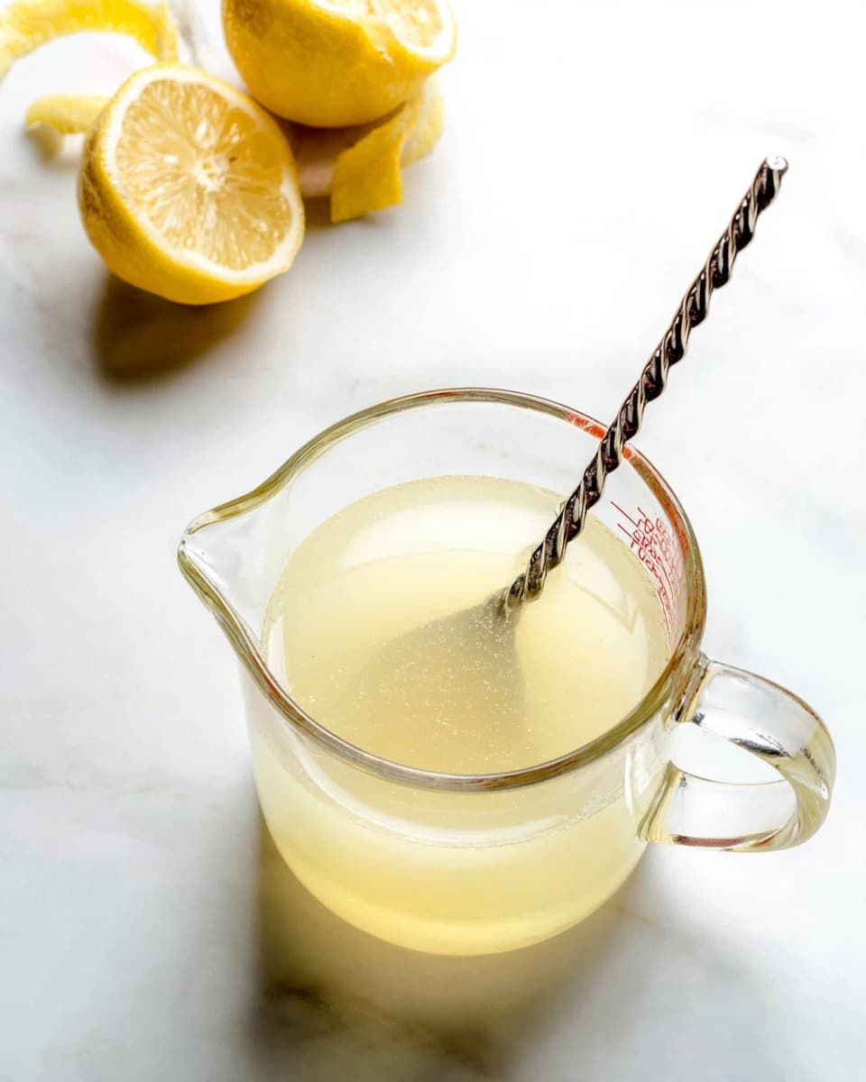 A clear glass measuring cup filled halfway with pale yellow lemon juice, showing a smooth liquid texture. A long twisted metal spoon rests inside the cup, angled slightly with its round end touching the bottom. To the left, two lemon halves lie on a white marbled surface, one with a shiny juicy interior and the other showing the peel. The background and surface are bright white marble, giving a clean and fresh look. photo taken with an iphone --ar 4:5 --v 7