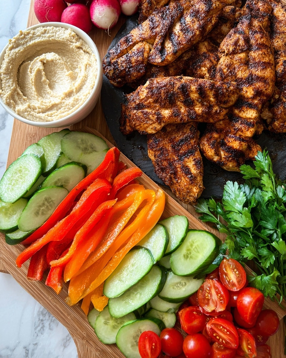 The image shows a black board filled with grilled chicken pieces that have dark brown grilled lines and a golden brown color with slightly charred edges. Below the board is a wooden chopping board with layers of fresh vegetables: pale green cucumber slices arranged in overlapping rows in the center, orange bell pepper strips lined up next to the cucumber, bright red tomato halves on the right, and circular red radish slices on the left. A white bowl filled with creamy off-white hummus sits on the left side of the chopping board. On the far right, there are fresh green parsley leaves and some chive stalks. The background is a white marbled surface. Photo taken with an iphone --ar 4:5 --v 7