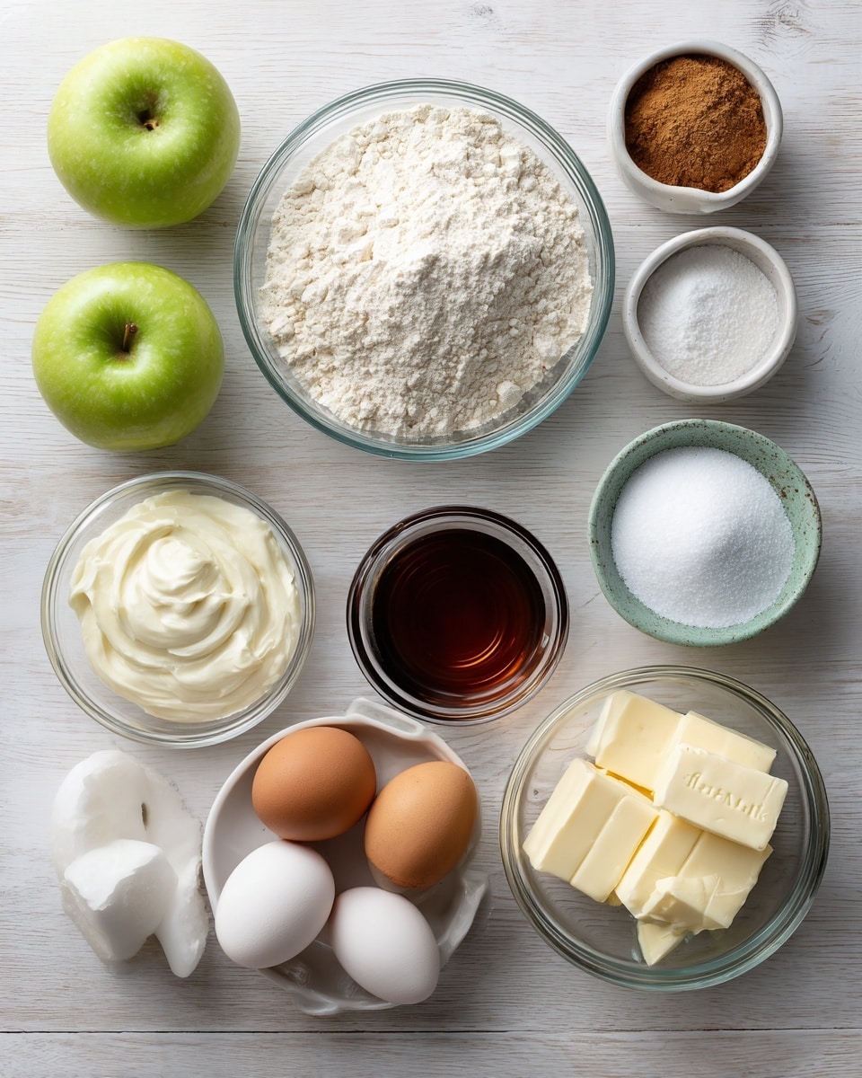 The image shows a flat lay of labeled baking ingredients arranged neatly on a light wooden surface. Starting from the top, there is a clear glass bowl filled with white flour, next to smaller bowls of salt and a mix of baking powder and soda. Below these, a small bowl contains cinnamon, and beside it, a small dark brown glass bowl holds vanilla liquid. Two green apples are placed to the left side, with a small bowl of white cornstarch nearby. At the bottom, a bowl of creamy white sour cream sits next to two brown eggs, and a glass bowl with softened butter is placed nearby. A medium bowl of white sugar completes the set, all spaced evenly with clear, readable white labels over each ingredient. The scene is set on a white marbled texture. photo taken with an iphone --ar 4:5 --v 7