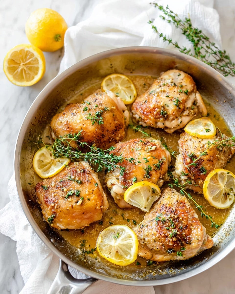 A round pan holds six golden brown cooked chicken pieces arranged in a loose circle with lemon slices placed between some pieces, showing bright yellow and light pulp textures; fresh green thyme sprigs are scattered on top and near chicken pieces, adding a touch of green and freshness; the pan surface is shiny with a light sauce or oil glaze that adds a light brown and glistening texture; the pan rests on a white marbled surface, and in the background, two lemon halves and a white cloth add more soft white and yellow tones; photo taken with an iphone --ar 4:5 --v 7