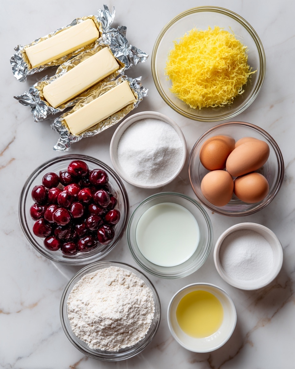 The image shows various baking ingredients arranged neatly on a white marbled surface. There are four sticks of cream cheese in silver wrappers placed at the top left. To the right of the cream cheese is a small clear glass bowl filled with bright yellow lemon zest. Below, a medium white bowl holds granulated sugar, next to a clear glass bowl containing deep red cherries. Next to the cherries is a small clear bowl filled with light vanilla liquid. Below the sugar bowl is a small clear bowl with white flour and salt. To the right of that is a clear bowl with four brown eggs. A tiny clear bowl holds white cornstarch next to the eggs. Below that, a small clear bowl has white sugar for topping. Finally, a small clear bowl with pale yellow lemon juice is near the bottom right. All items are clearly labeled. photo taken with an iphone --ar 4:5 --v 7