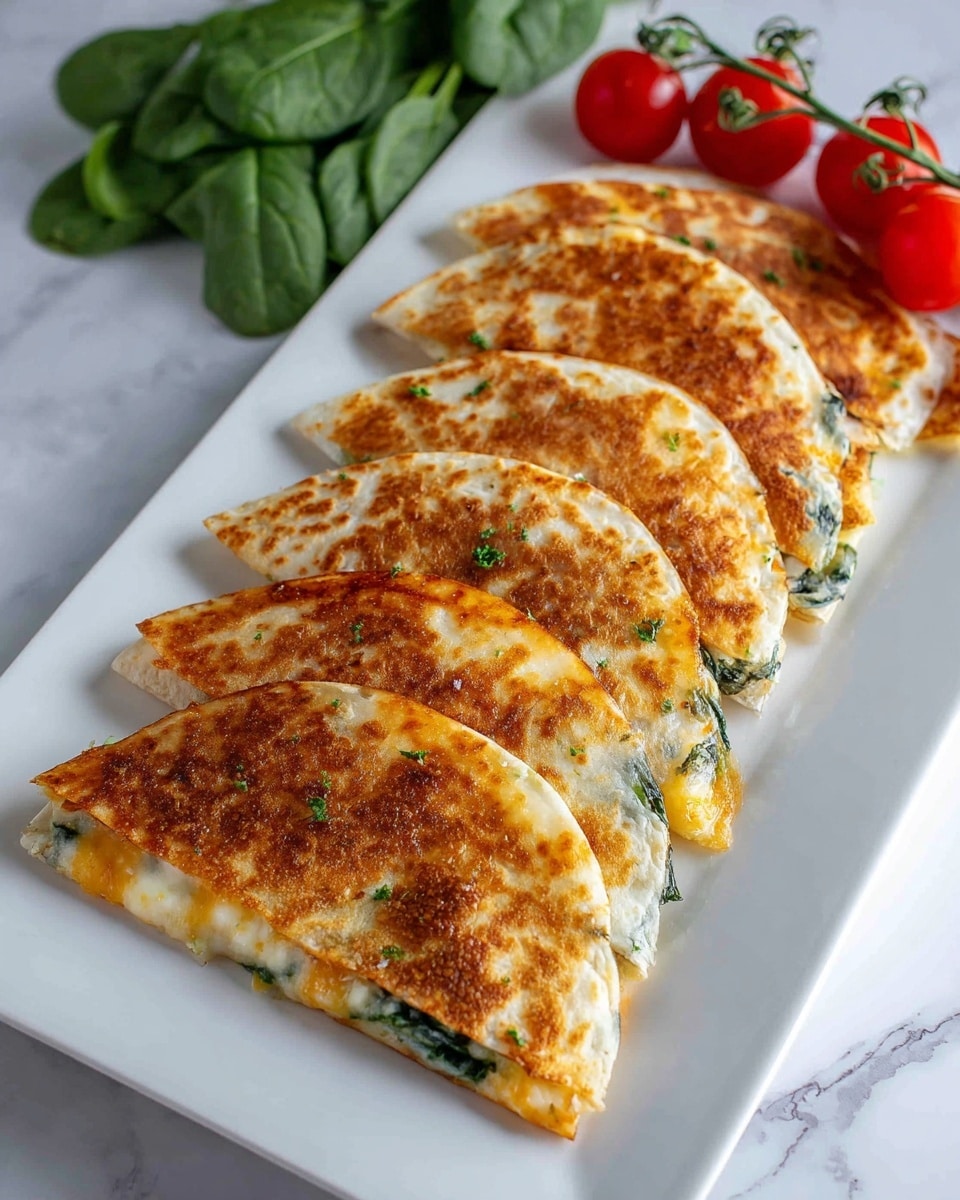Five folded golden-brown quesadillas are tightly arranged in a row on a white rectangular plate. Each quesadilla shows a crispy outside with melted, slightly creamy yellow cheese mixed with green herbs visible where the tortillas meet. The plate is placed on a white marbled surface, and behind it are fresh green spinach leaves and bright red cherry tomatoes still on the vine, offering a pop of color. The quesadillas have a soft, slightly toasted texture on the folded edges. Photo taken with an iphone --ar 4:5 --v 7