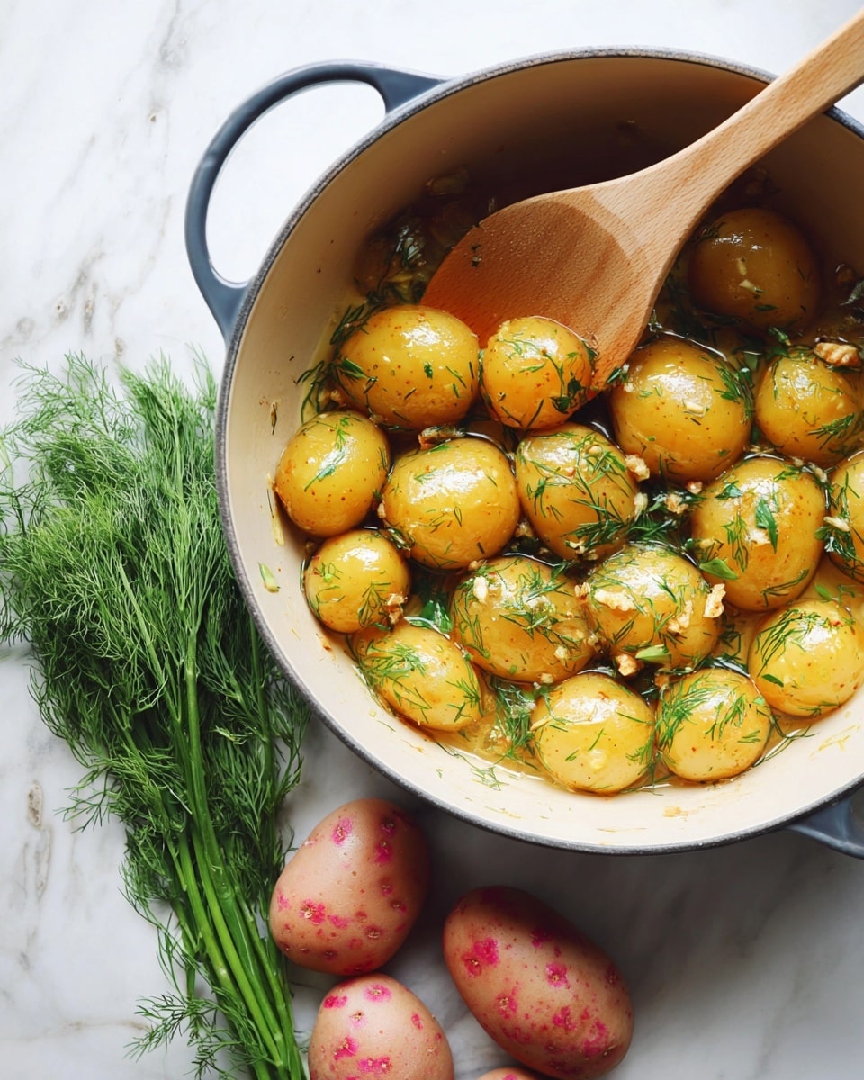 A close-up of a round white pot filled with small cooked golden-yellow potatoes that appear shiny with a light sauce, sprinkled with small green dill leaves and pieces of minced garlic; the pot sits on a white marbled surface, accompanied by three raw potatoes with pinkish spots gathered near a bundle of fresh green dill. A smooth wooden spoon holding one potato rests inside the pot near the front edge. photo taken with an iphone --ar 4:5 --v 7